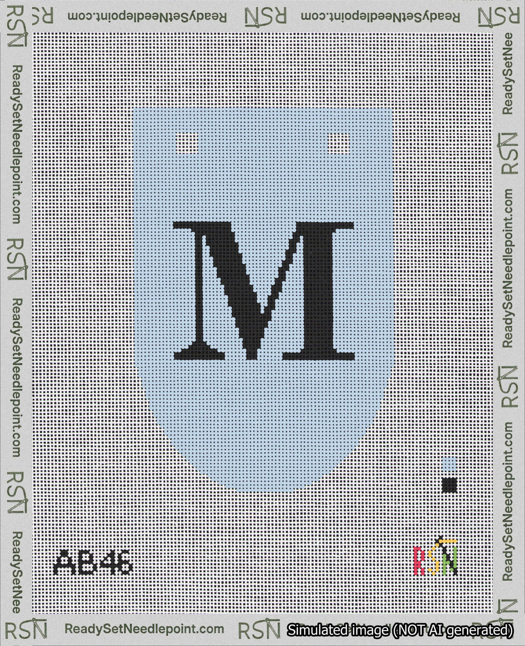 A taped needlepoint canvas with the design: Banner 18 mesh count Rounded M Black on Light Blue.
