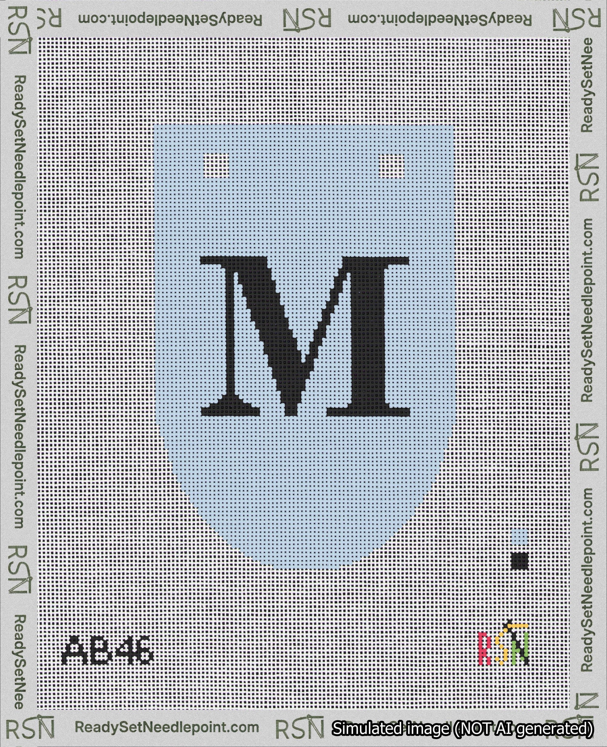 A taped needlepoint canvas with the design: Banner 18 mesh count Rounded M Black on Light Blue.