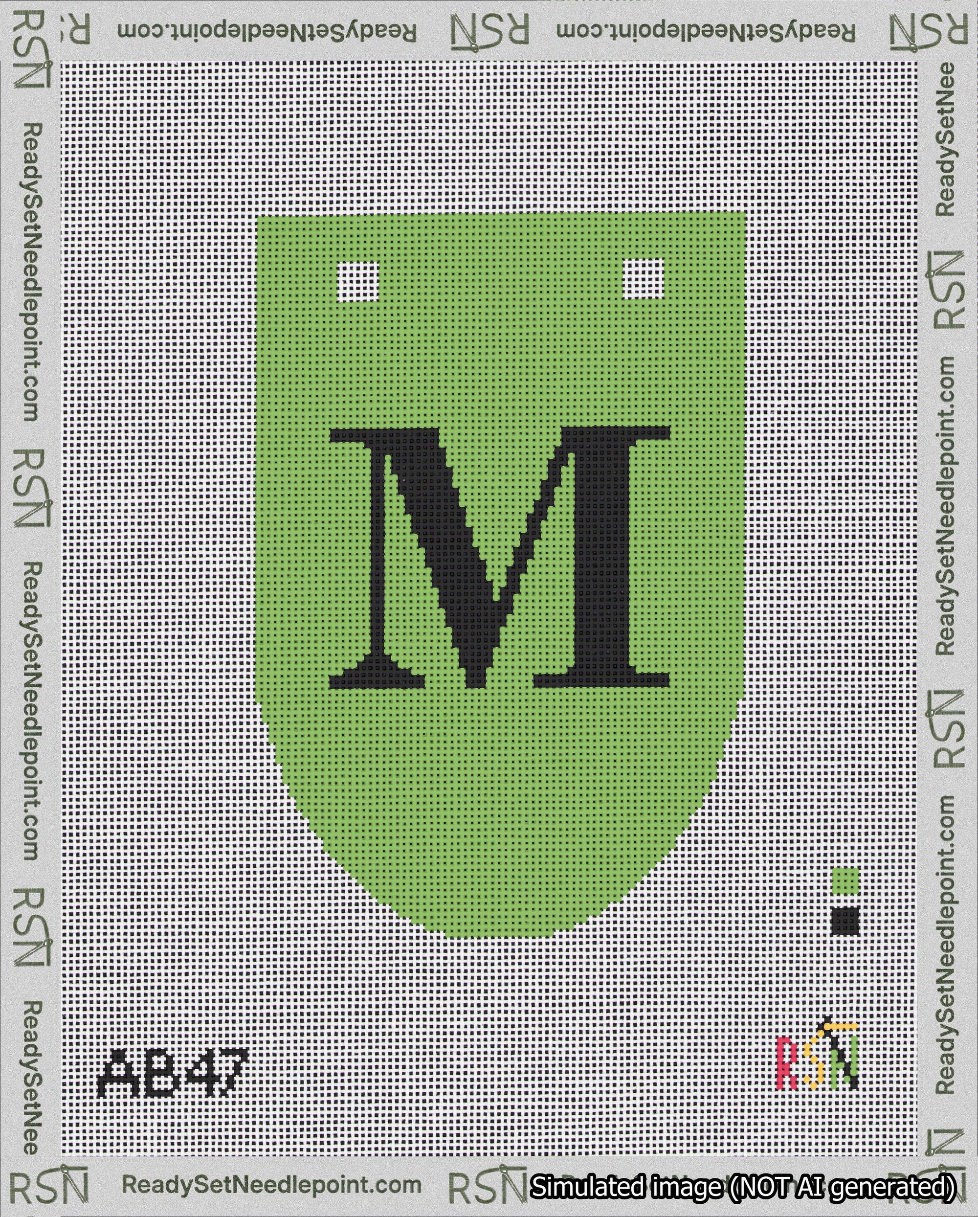 A taped needlepoint canvas with the design: Banner 18 mesh count Rounded M Black on Light Green.