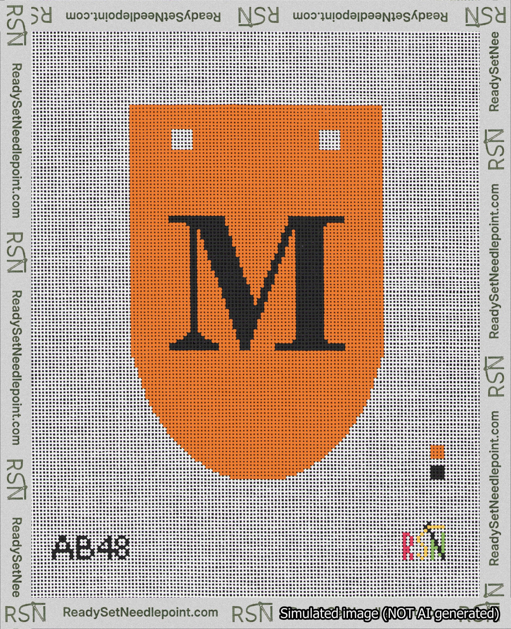 A taped needlepoint canvas with the design: Banner 18 mesh count Rounded M Black on Orange.