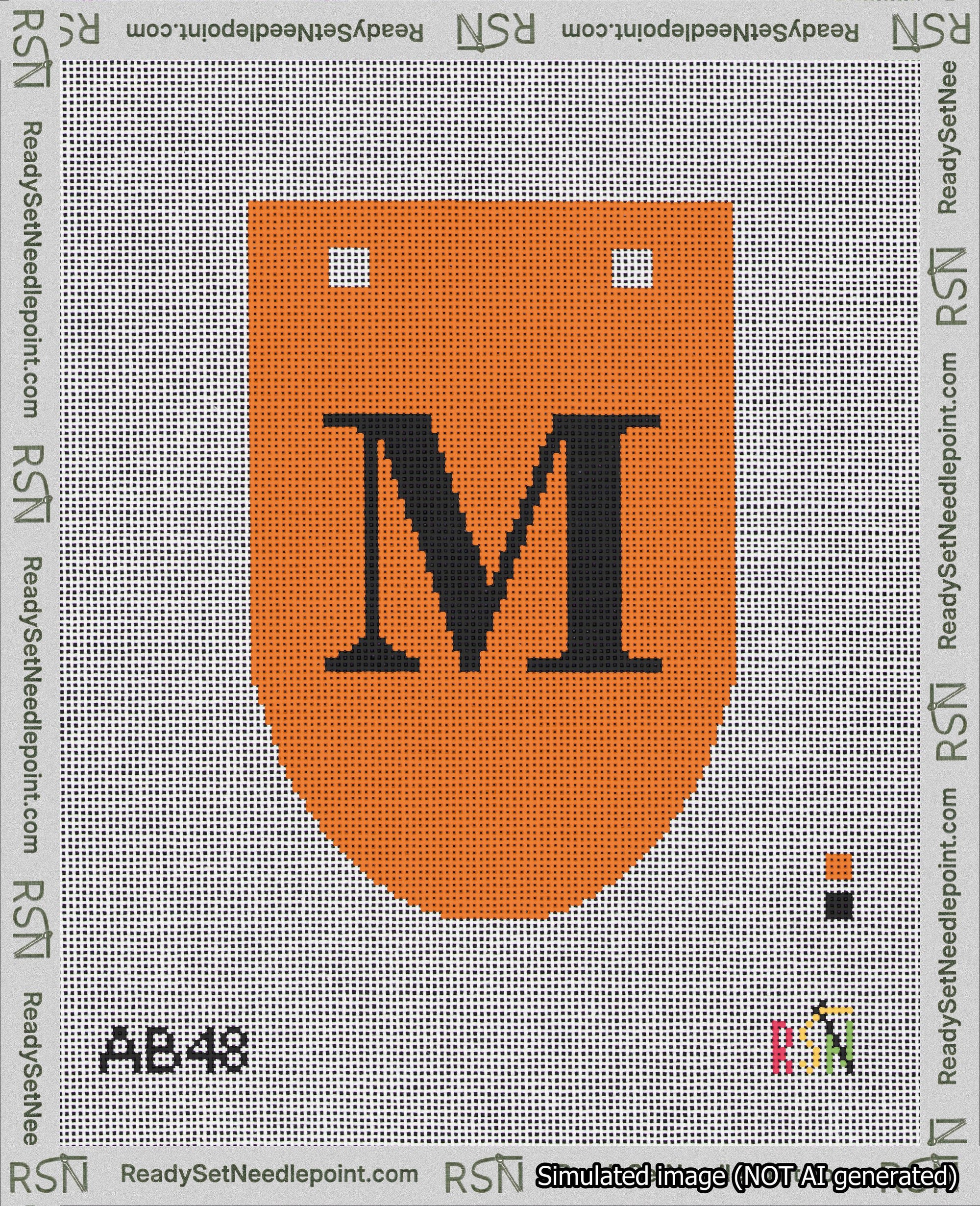 A taped needlepoint canvas with the design: Banner 18 mesh count Rounded M Black on Orange.