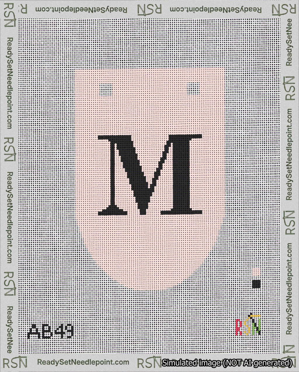 A taped needlepoint canvas with the design: Banner 18 mesh count Rounded M Black on Pink.