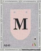 A taped needlepoint canvas with the design: Banner 18 mesh count Rounded M Black on Pink.