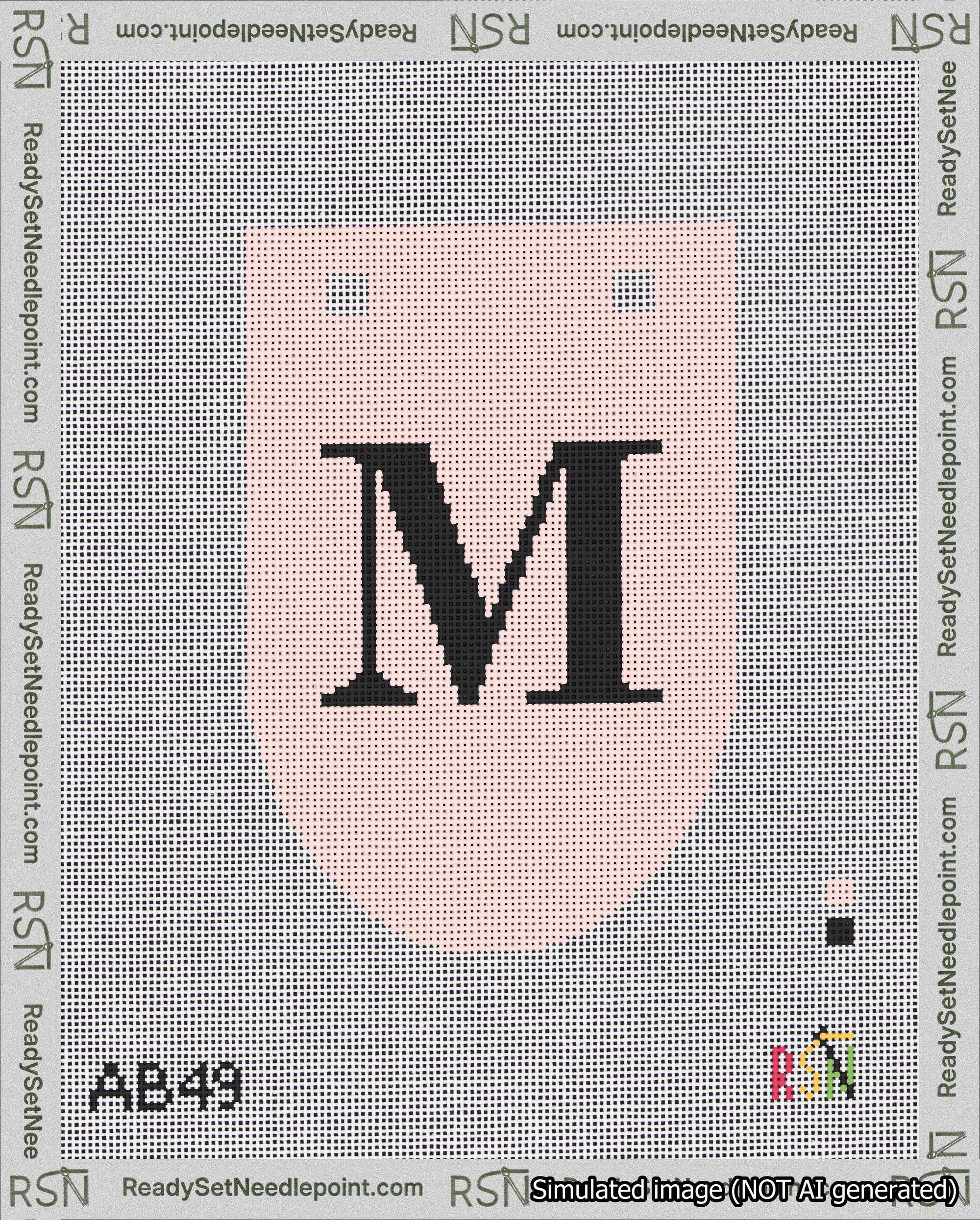 A taped needlepoint canvas with the design: Banner 18 mesh count Rounded M Black on Pink.