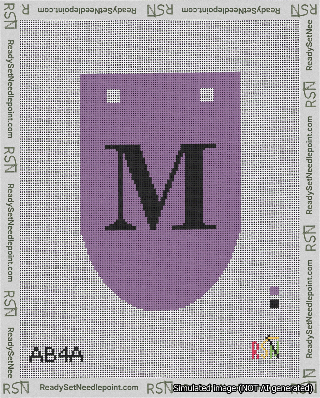 A taped needlepoint canvas with the design: Banner 18 mesh count Rounded M Black on Purple.