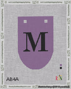 A taped needlepoint canvas with the design: Banner 18 mesh count Rounded M Black on Purple.