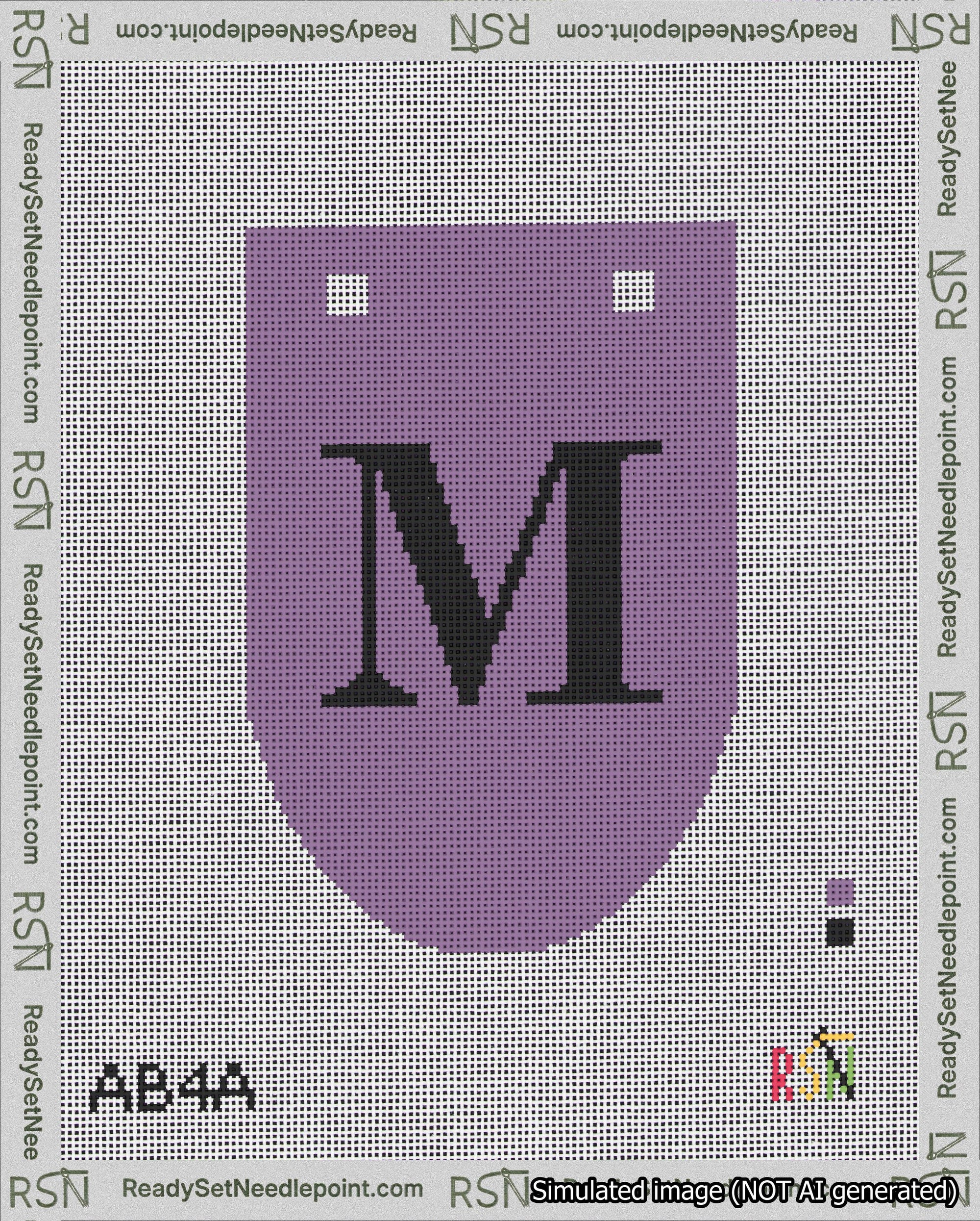 A taped needlepoint canvas with the design: Banner 18 mesh count Rounded M Black on Purple.