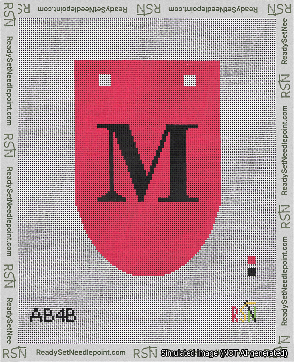 A taped needlepoint canvas with the design: Banner 18 mesh count Rounded M Black on Red.