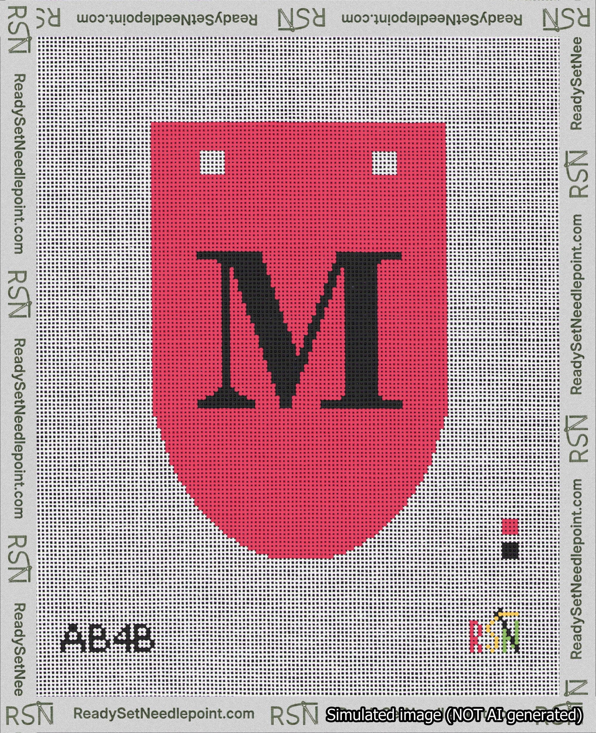 A taped needlepoint canvas with the design: Banner 18 mesh count Rounded M Black on Red.