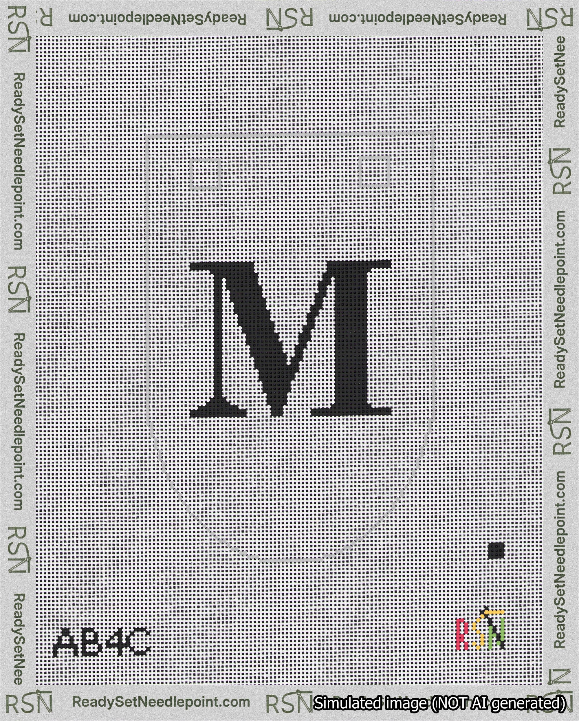 A taped needlepoint canvas with the design: Banner 18 mesh count Rounded M Black on White.