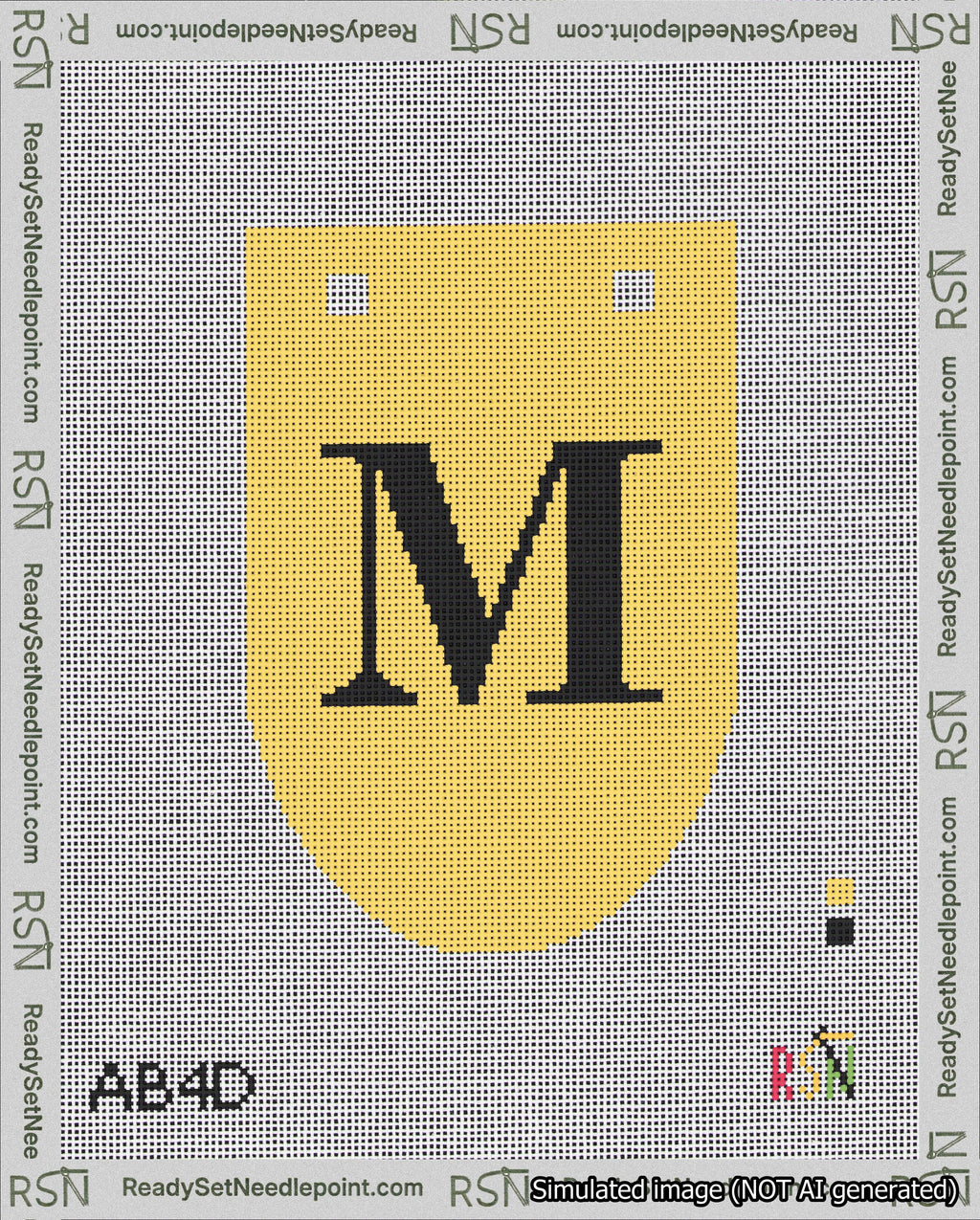 A taped needlepoint canvas with the design: Banner 18 mesh count Rounded M Black on Yellow.