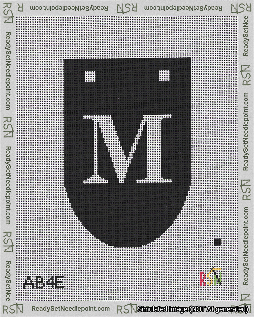 A taped needlepoint canvas with the design: Banner 18 mesh count Rounded M White on Black.