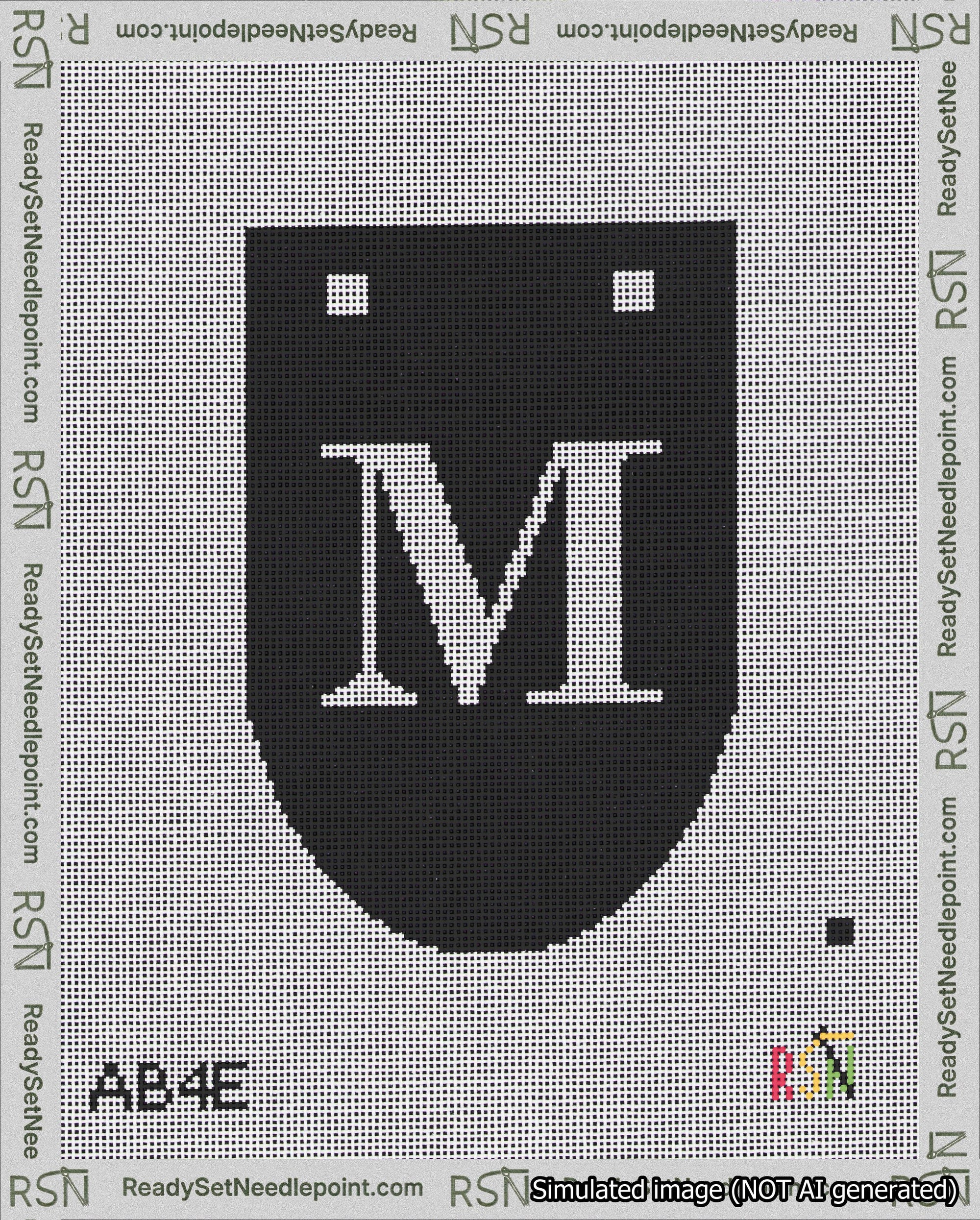 A taped needlepoint canvas with the design: Banner 18 mesh count Rounded M White on Black.