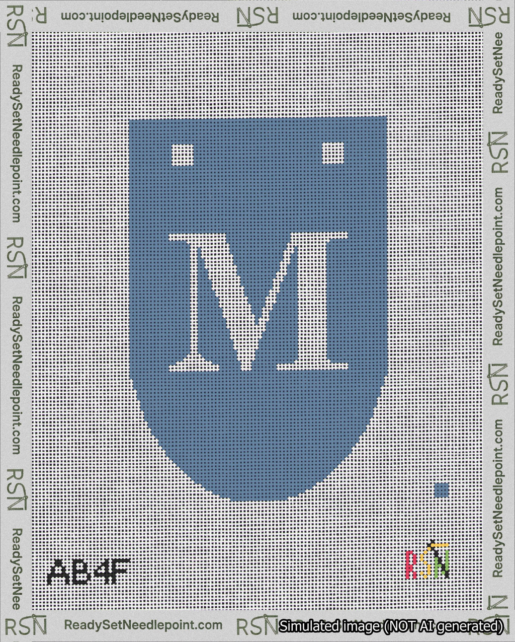 A taped needlepoint canvas with the design: Banner 18 mesh count Rounded M White on Blue.