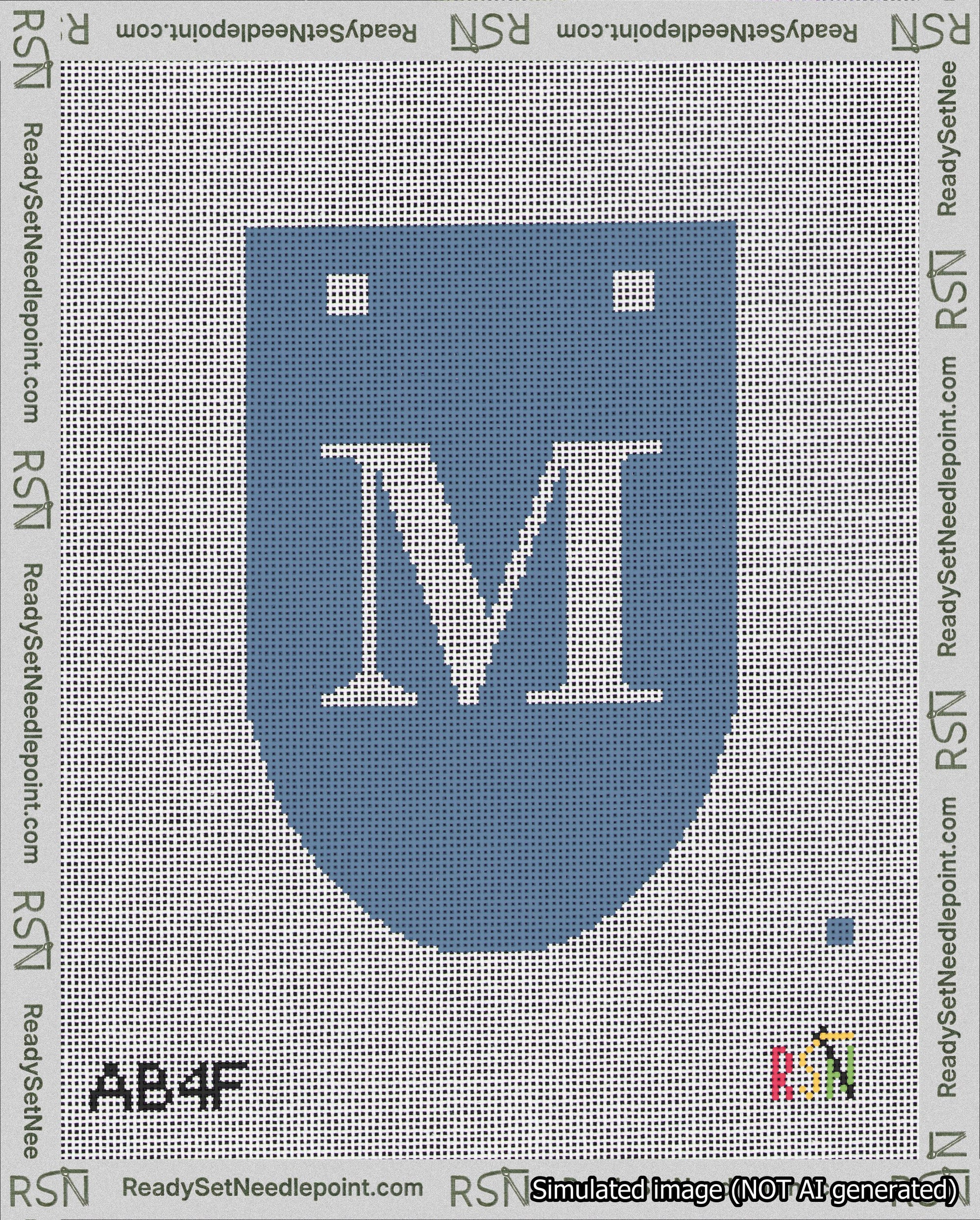 A taped needlepoint canvas with the design: Banner 18 mesh count Rounded M White on Blue.