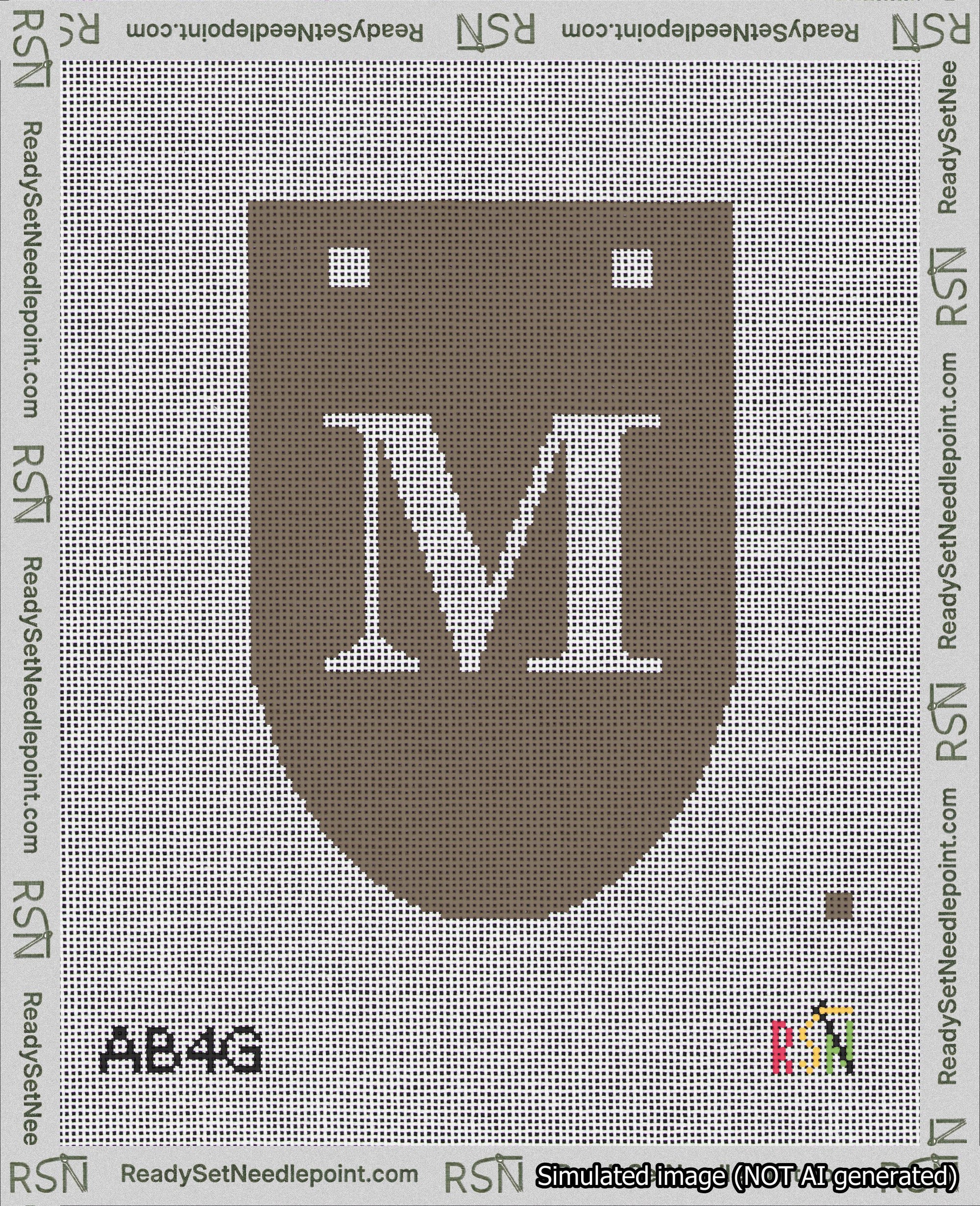 A taped needlepoint canvas with the design: Banner 18 mesh count Rounded M White on Brown.