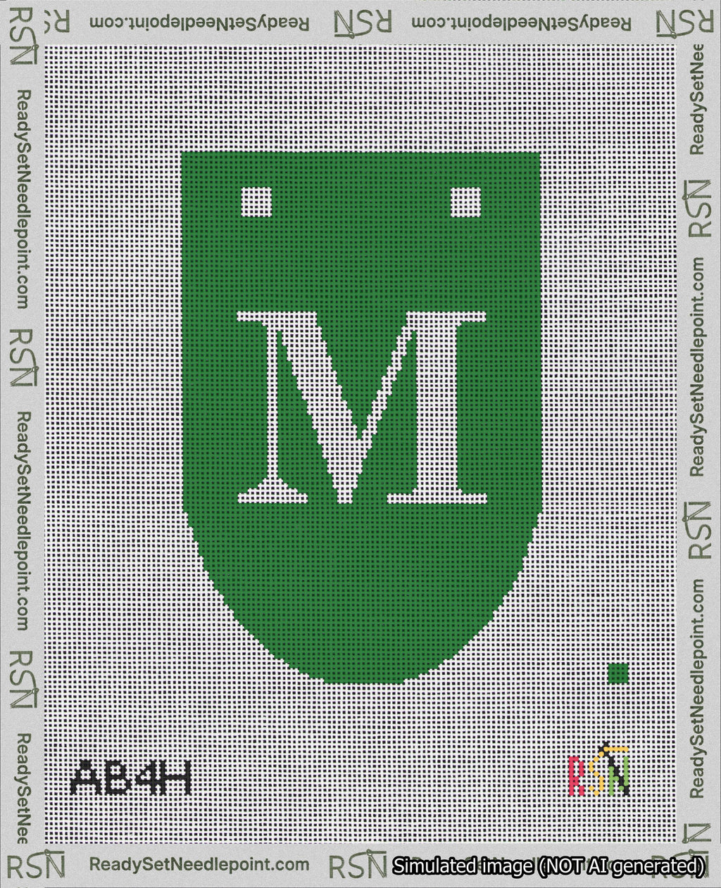 A taped needlepoint canvas with the design: Banner 18 mesh count Rounded M White on Green.