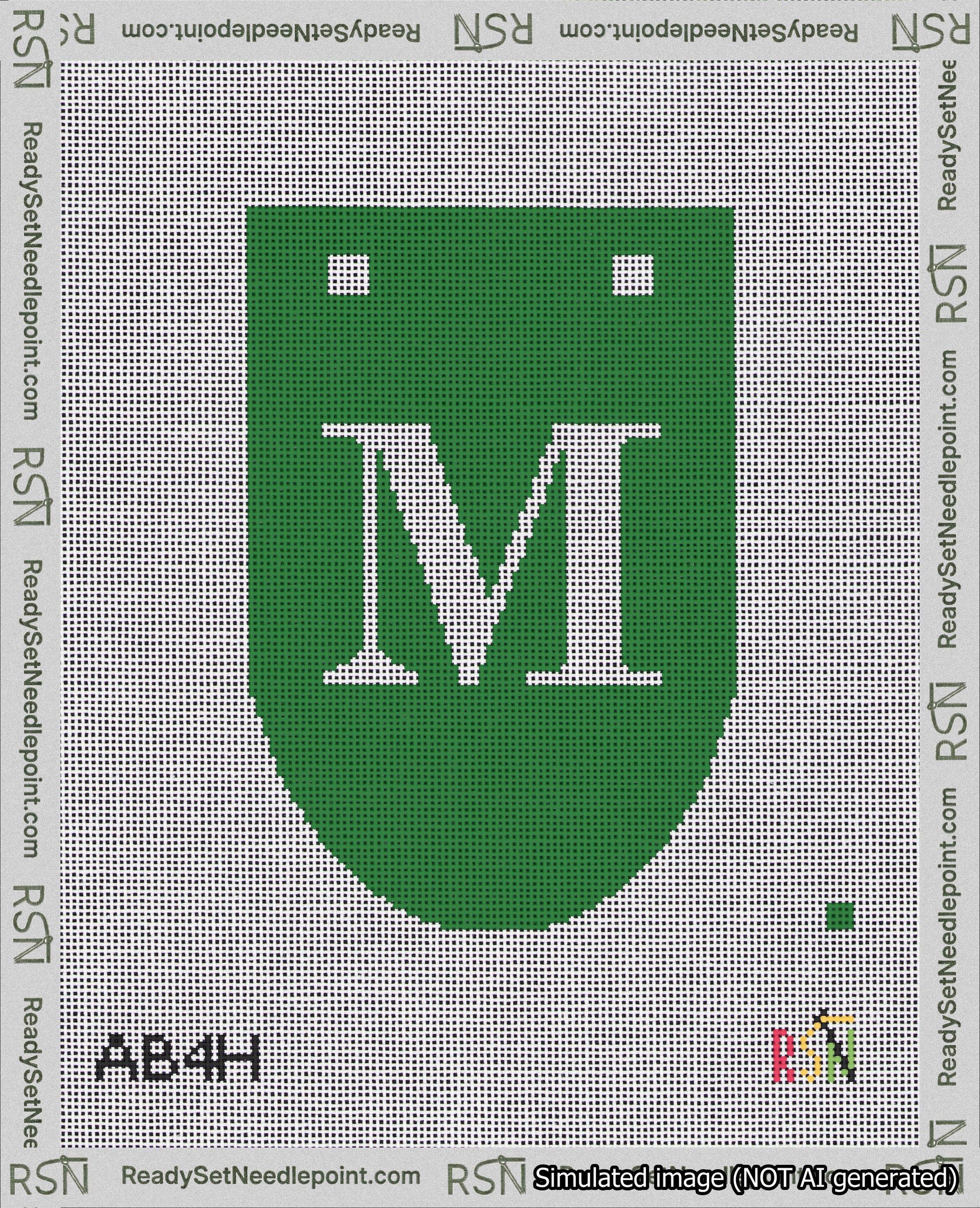 A taped needlepoint canvas with the design: Banner 18 mesh count Rounded M White on Green.
