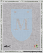 A taped needlepoint canvas with the design: Banner 18 mesh count Rounded M White on Light Blue.