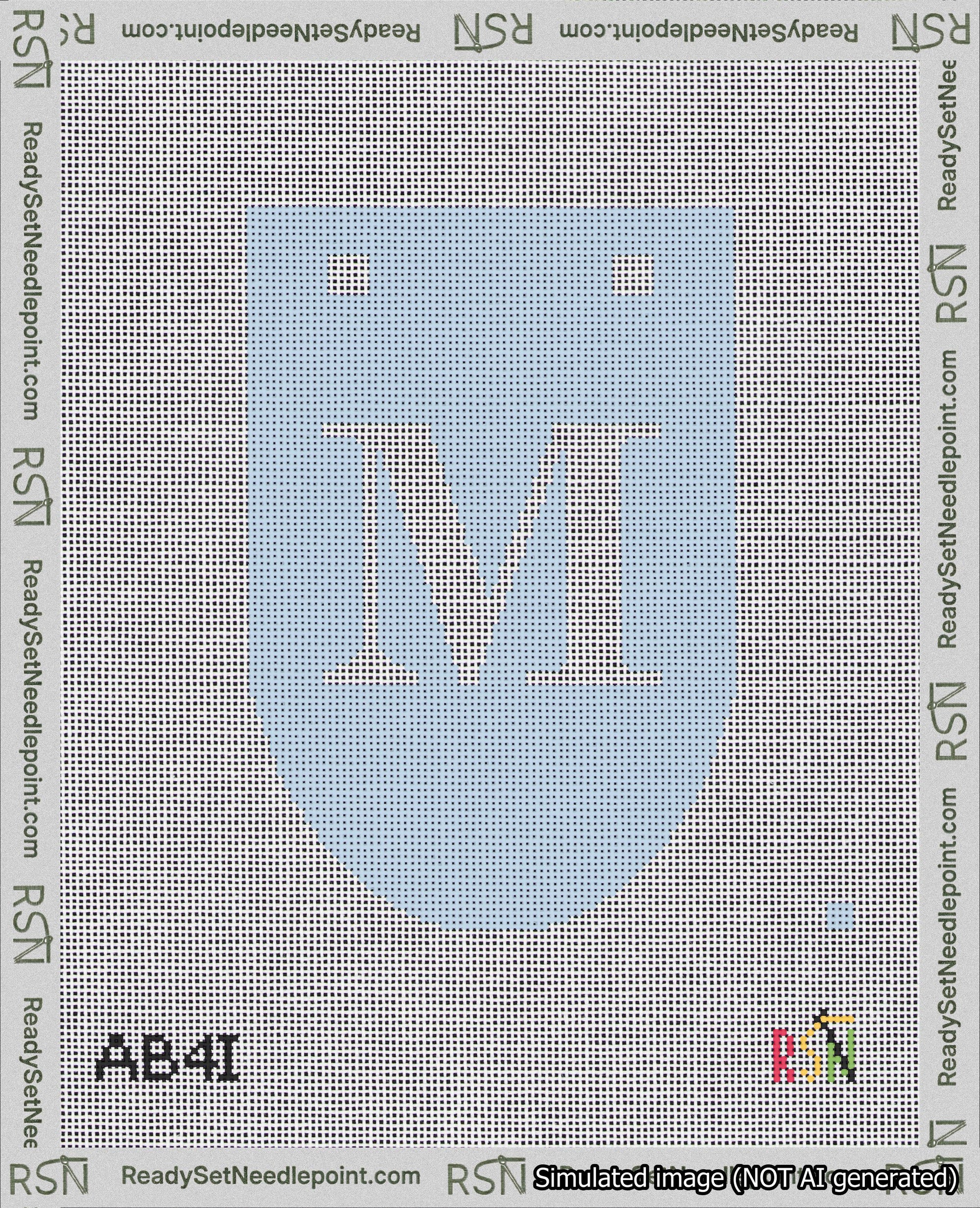 A taped needlepoint canvas with the design: Banner 18 mesh count Rounded M White on Light Blue.