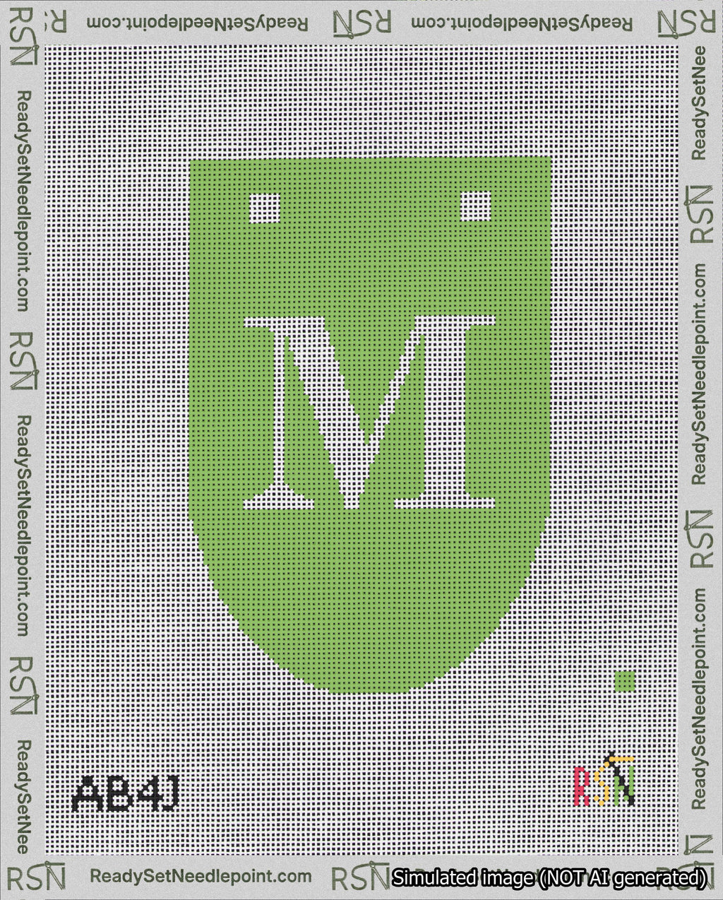 A taped needlepoint canvas with the design: Banner 18 mesh count Rounded M White on Light Green.