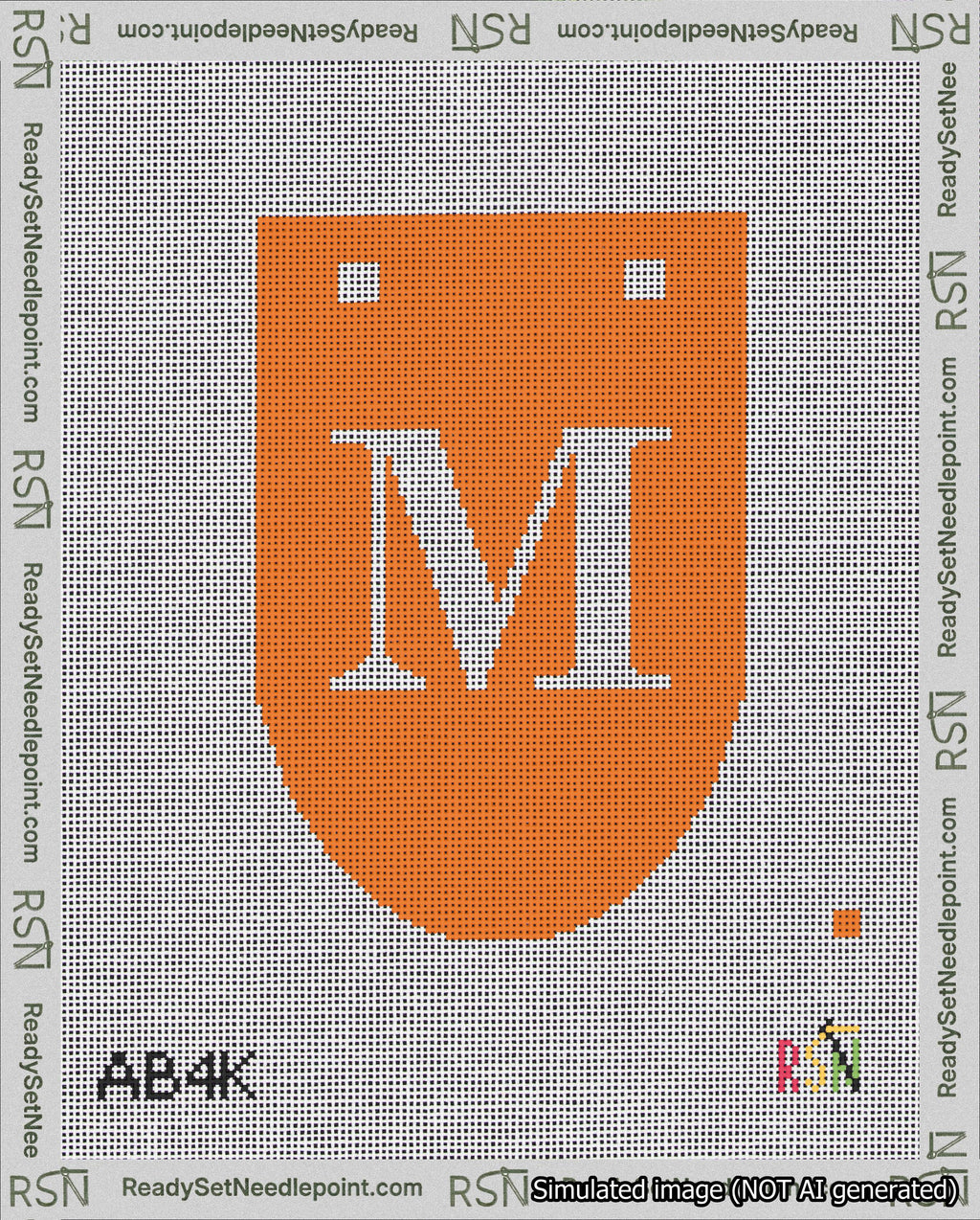A taped needlepoint canvas with the design: Banner 18 mesh count Rounded M White on Orange.