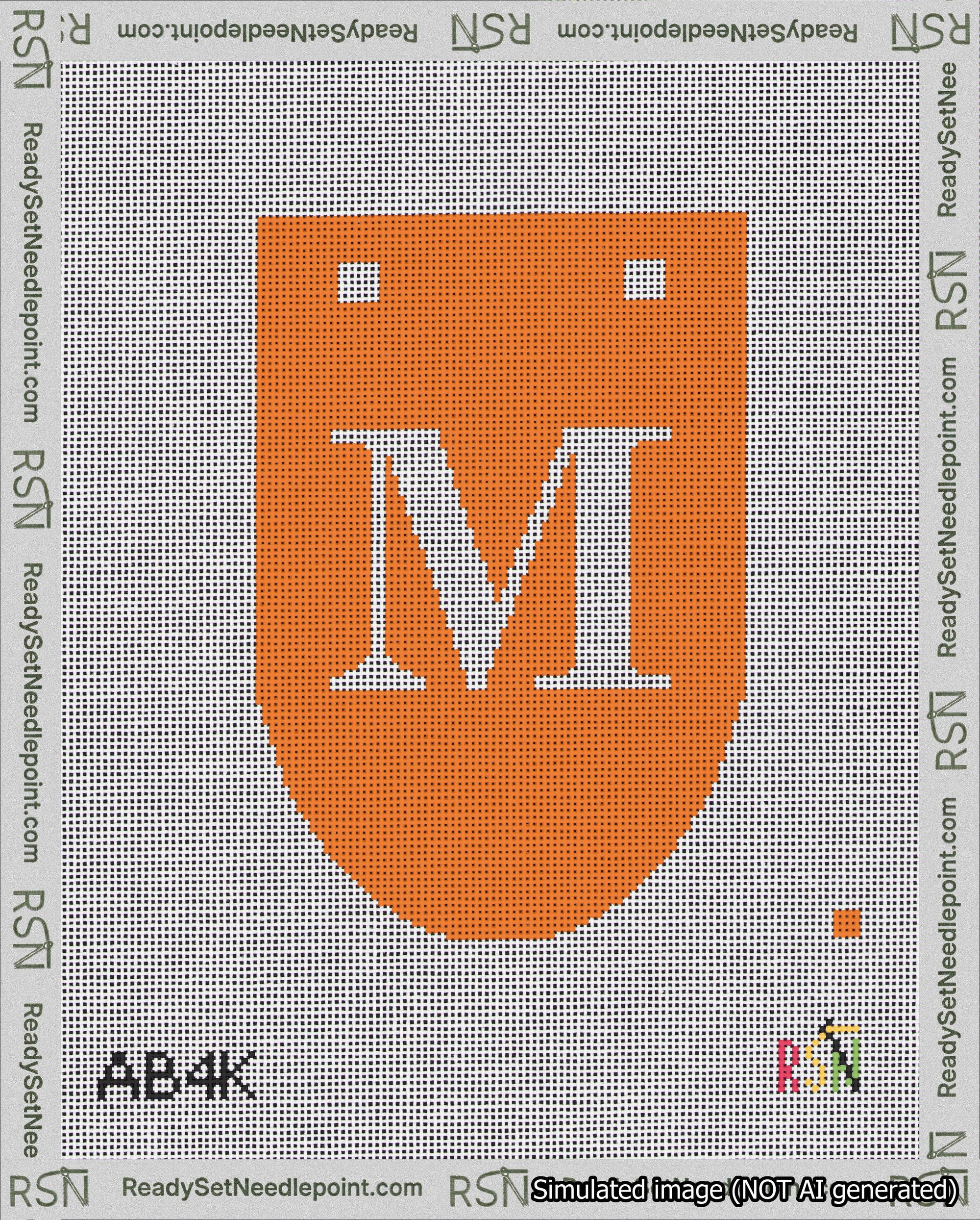 A taped needlepoint canvas with the design: Banner 18 mesh count Rounded M White on Orange.