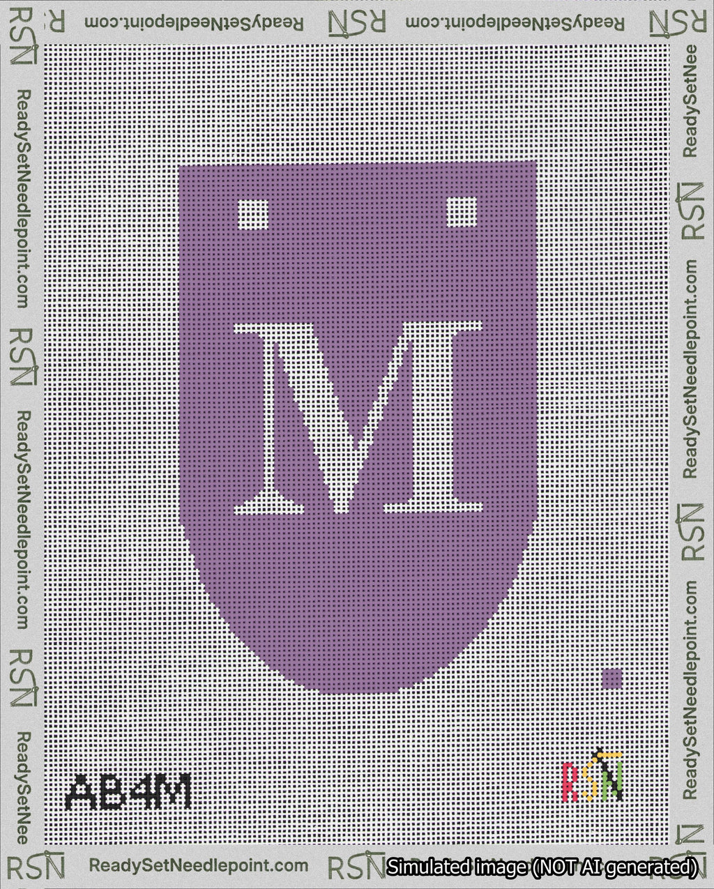 A taped needlepoint canvas with the design: Banner 18 mesh count Rounded M White on Purple.