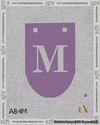 A taped needlepoint canvas with the design: Banner 18 mesh count Rounded M White on Purple.