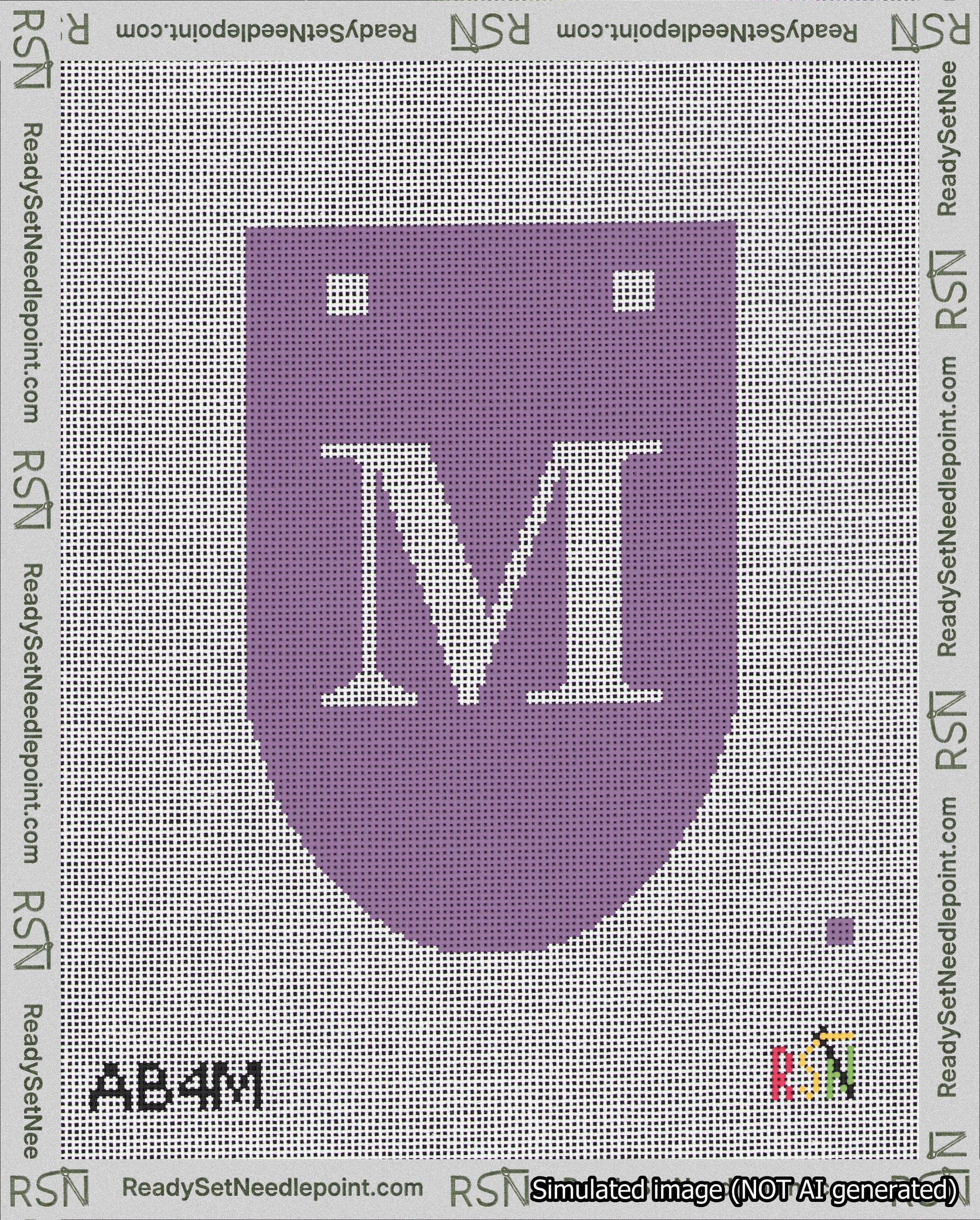 A taped needlepoint canvas with the design: Banner 18 mesh count Rounded M White on Purple.