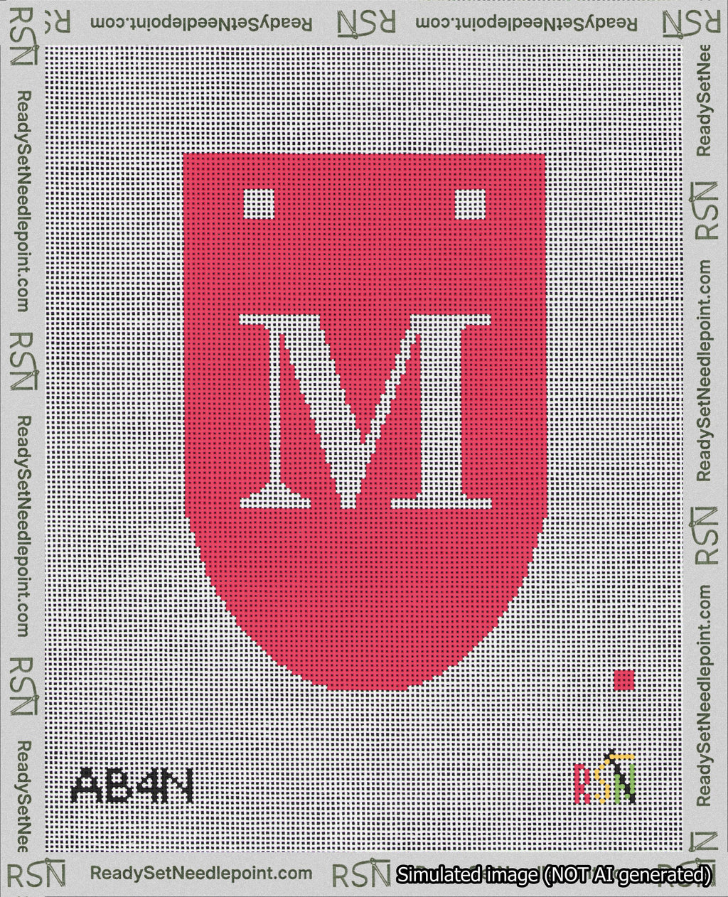 A taped needlepoint canvas with the design: Banner 18 mesh count Rounded M White on Red.