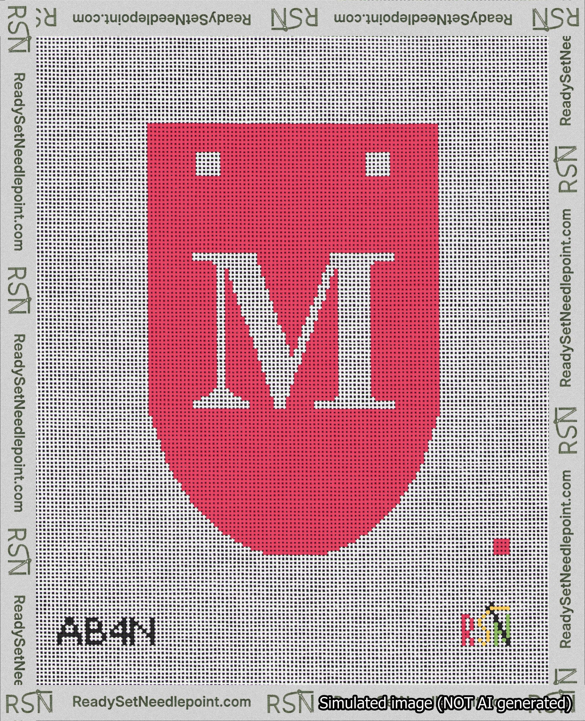 A taped needlepoint canvas with the design: Banner 18 mesh count Rounded M White on Red.