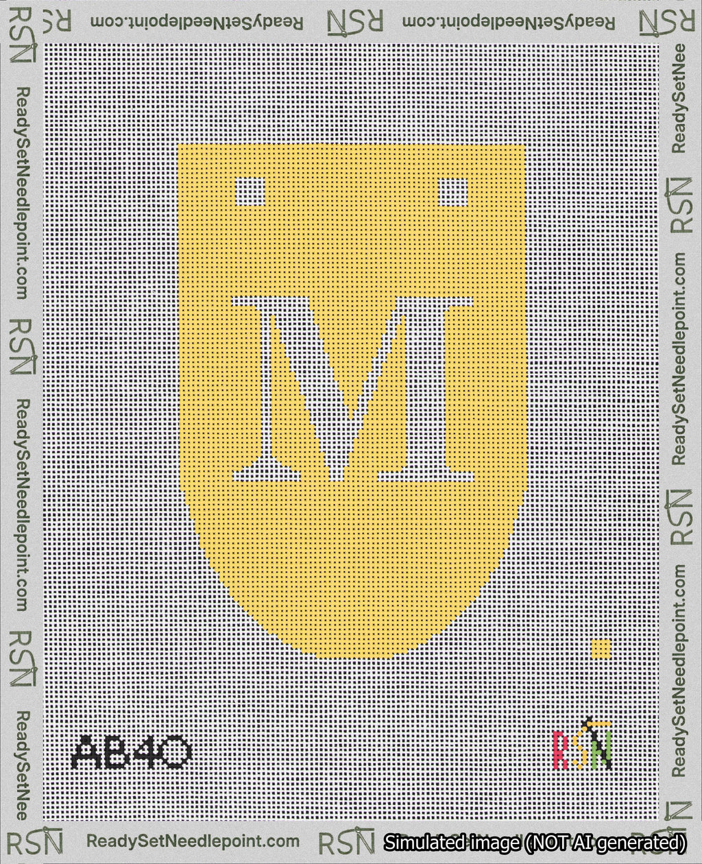 A taped needlepoint canvas with the design: Banner 18 mesh count Rounded M White on Yellow.