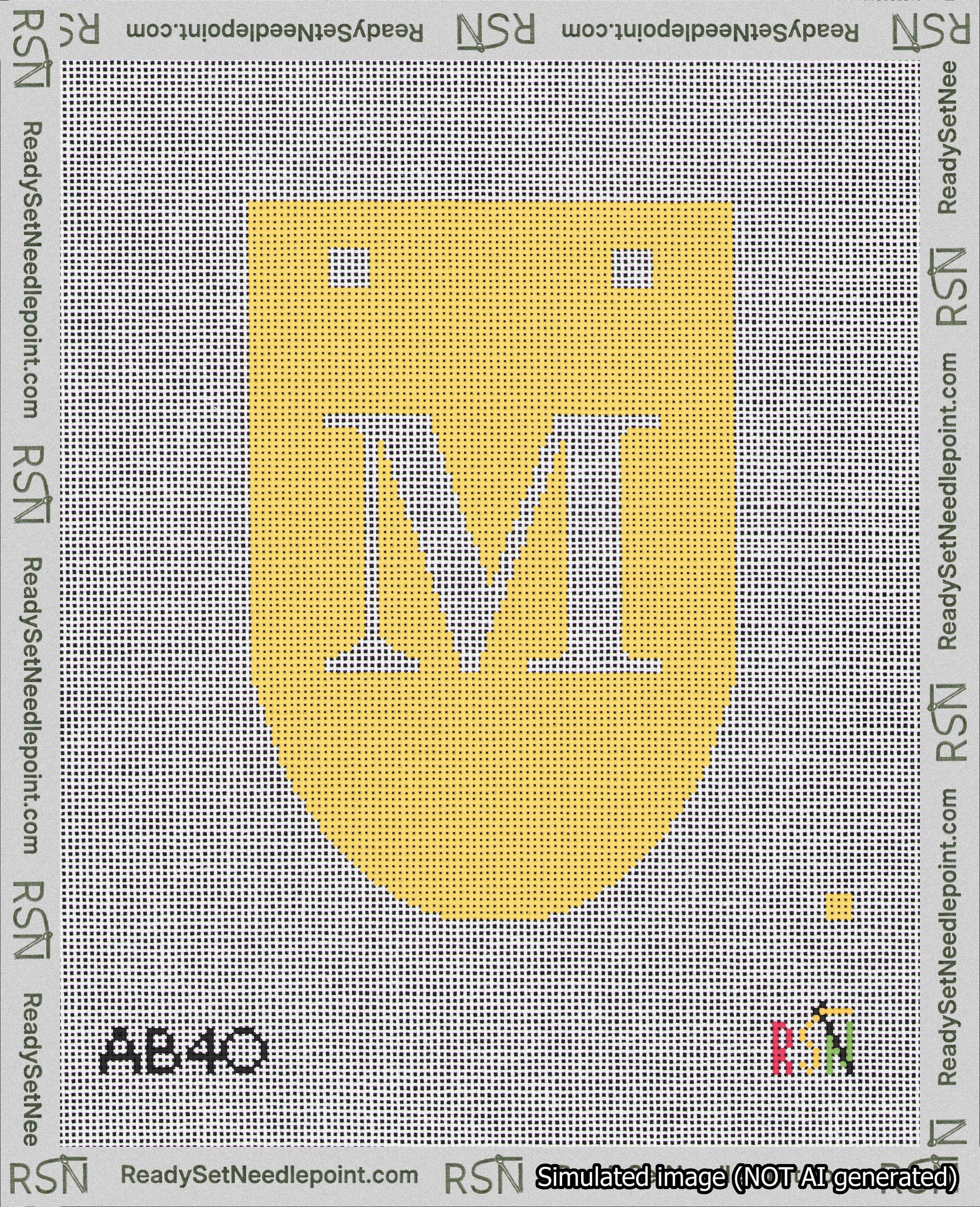 A taped needlepoint canvas with the design: Banner 18 mesh count Rounded M White on Yellow.