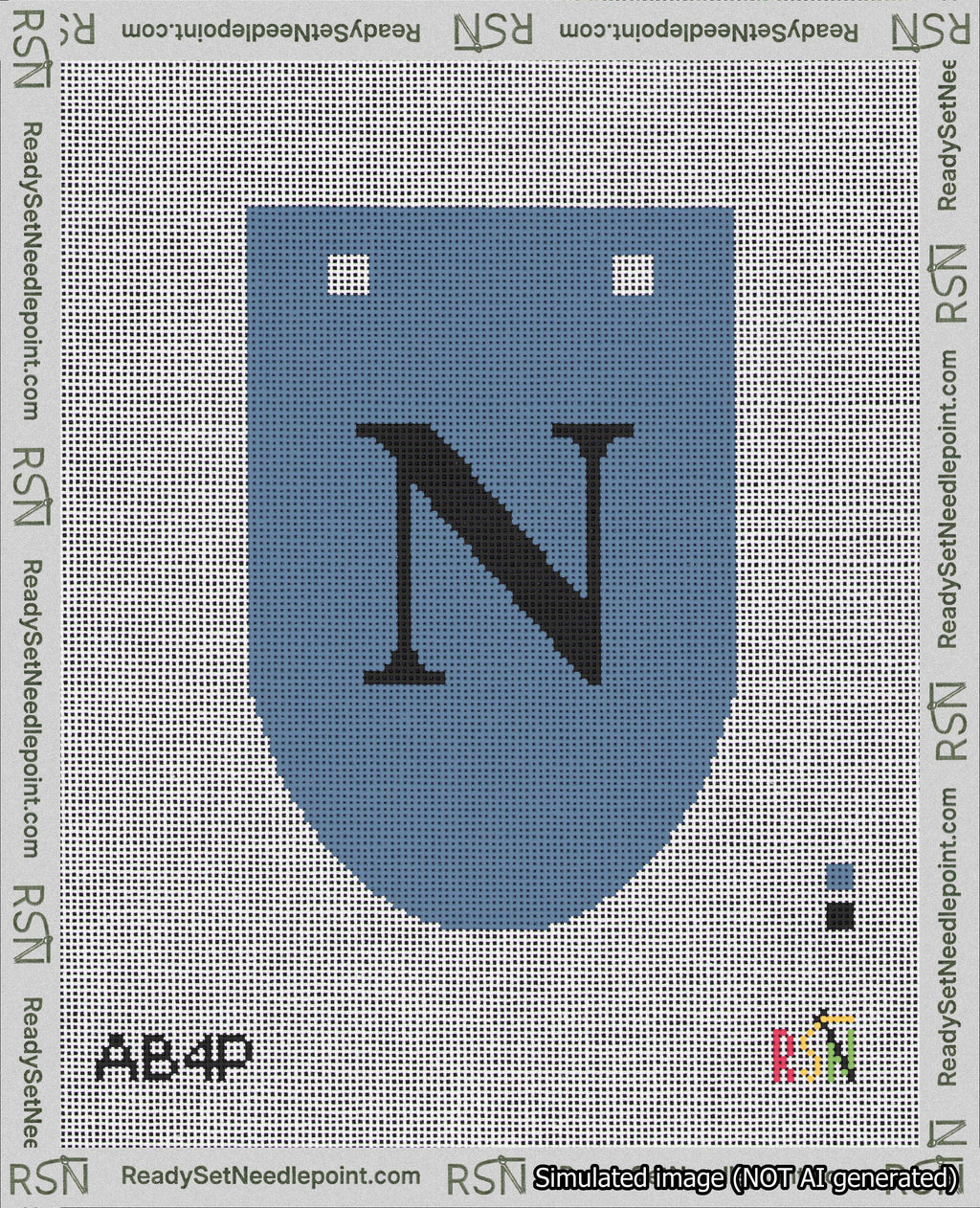 A taped needlepoint canvas with the design: Banner 18 mesh count Rounded N Black on Blue.