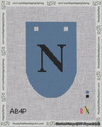 A taped needlepoint canvas with the design: Banner 18 mesh count Rounded N Black on Blue.