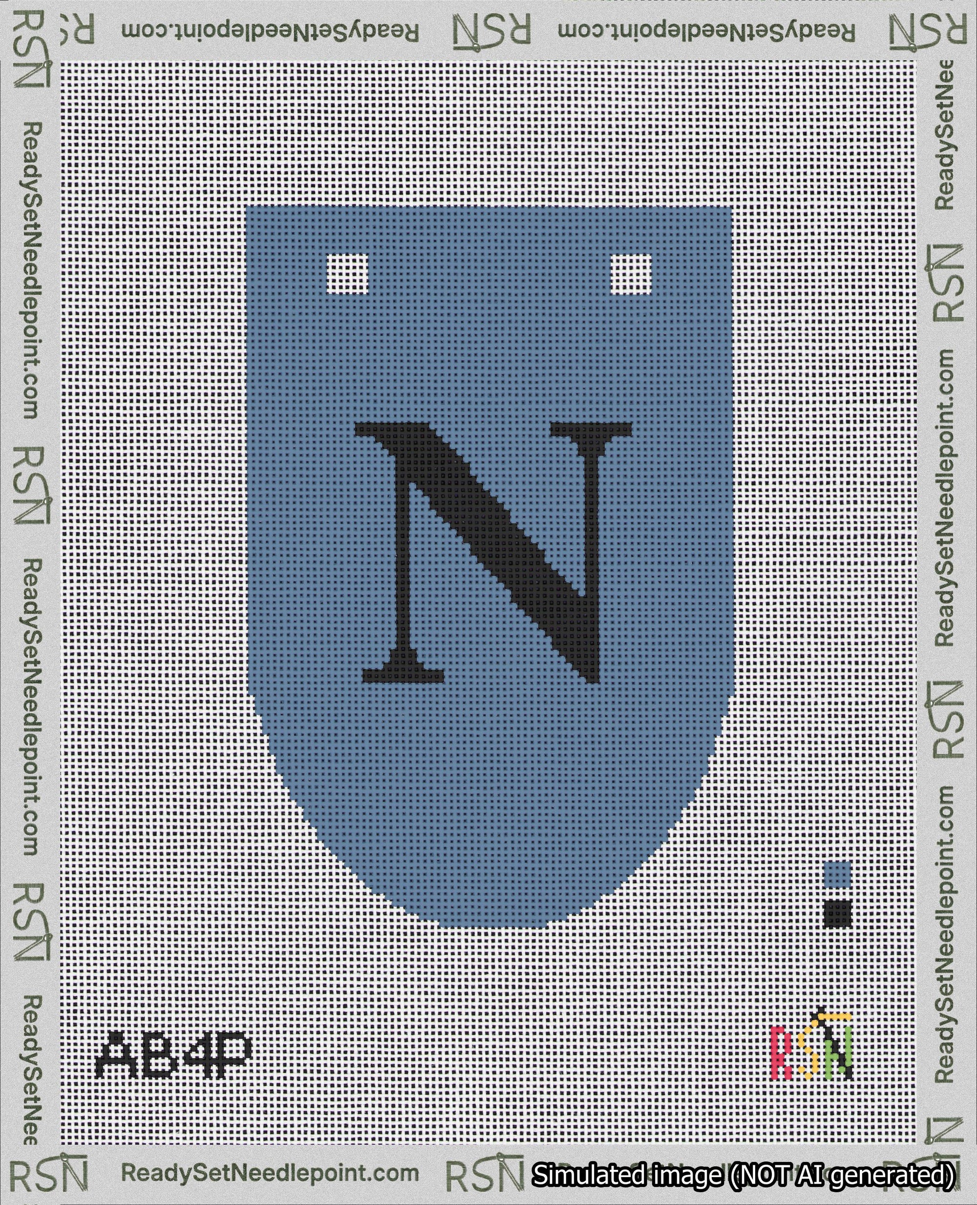 A taped needlepoint canvas with the design: Banner 18 mesh count Rounded N Black on Blue.