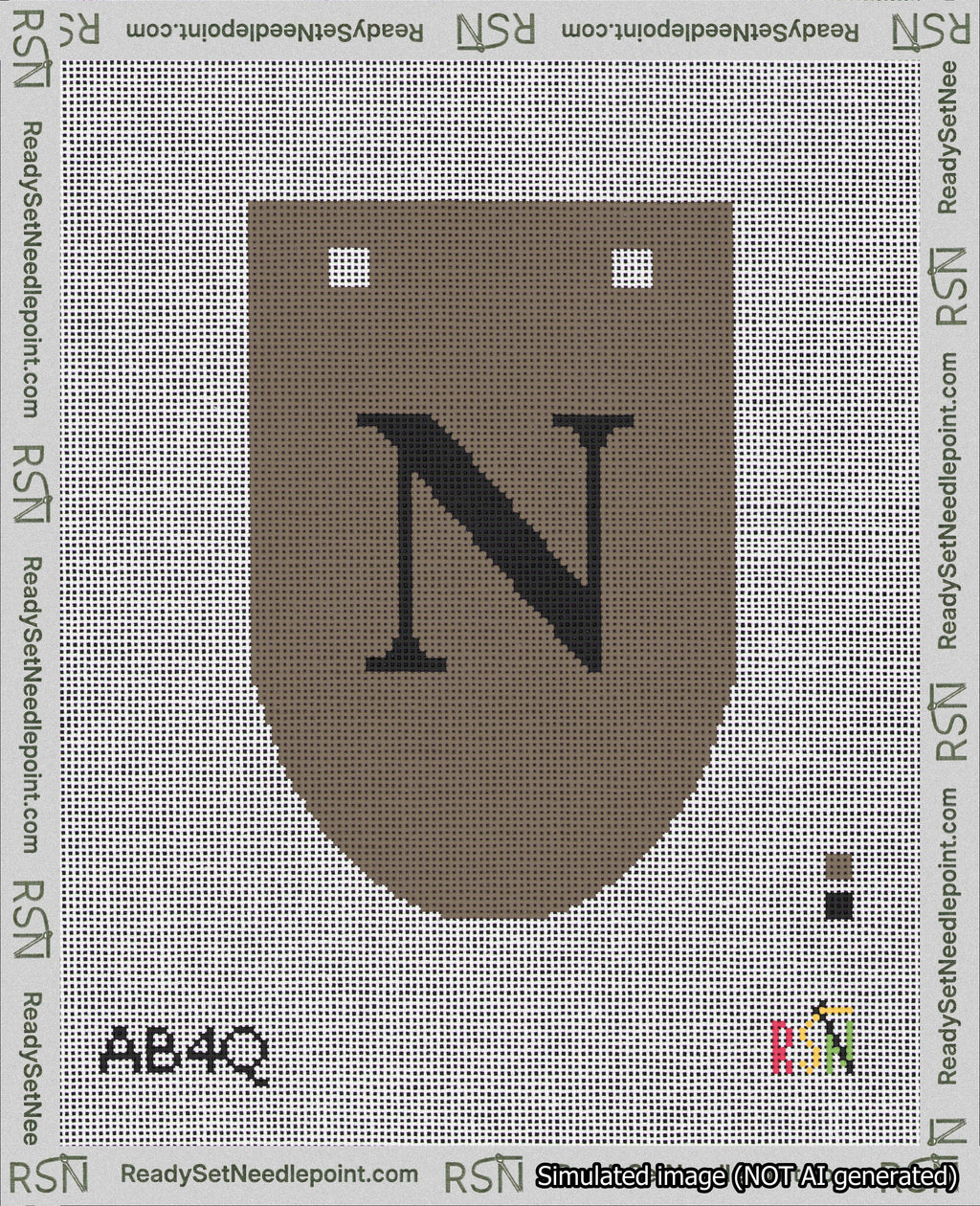 A taped needlepoint canvas with the design: Banner 18 mesh count Rounded N Black on Brown.