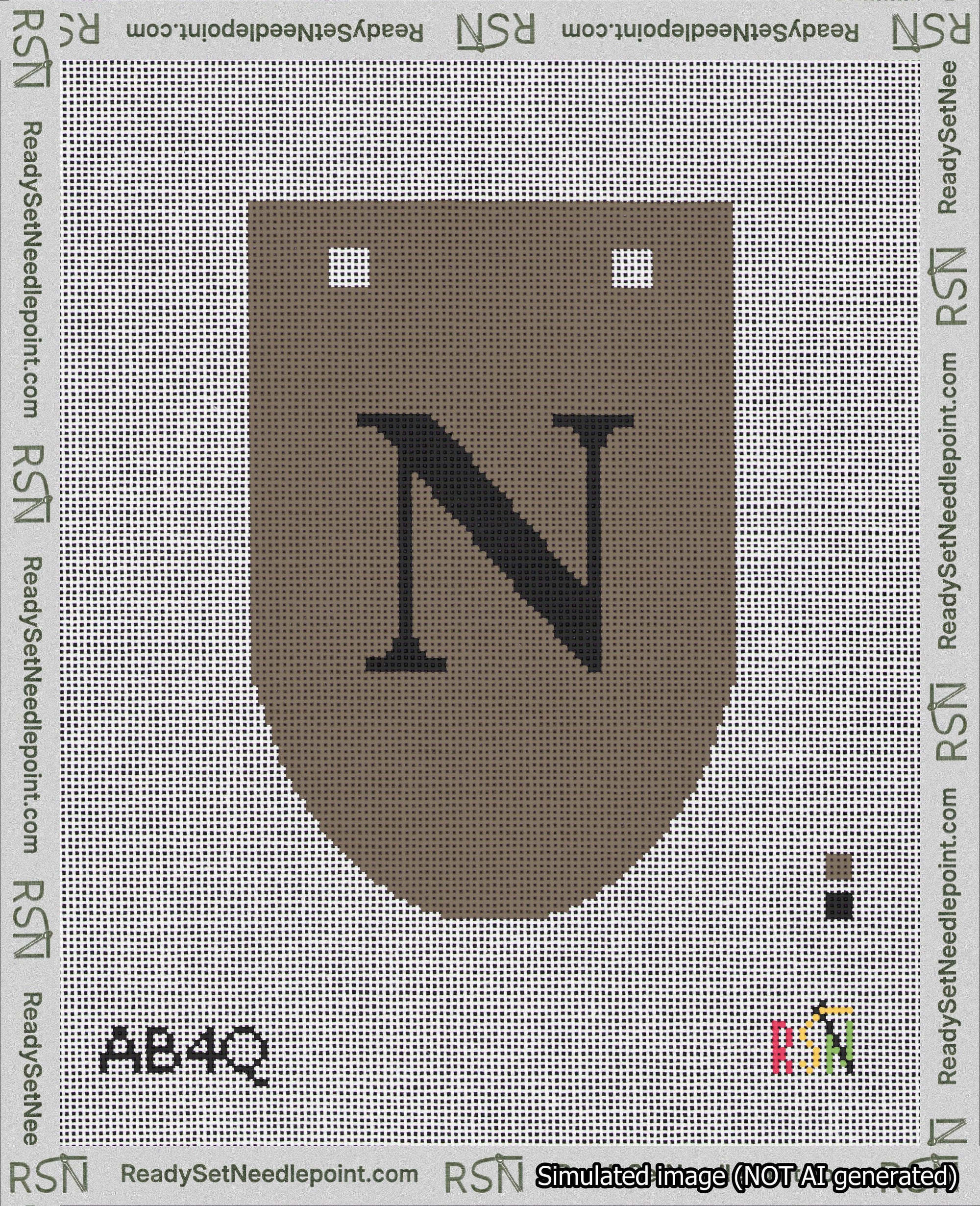 A taped needlepoint canvas with the design: Banner 18 mesh count Rounded N Black on Brown.