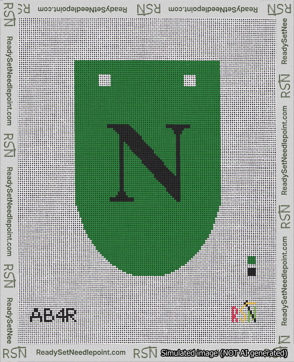 A taped needlepoint canvas with the design: Banner 18 mesh count Rounded N Black on Green.