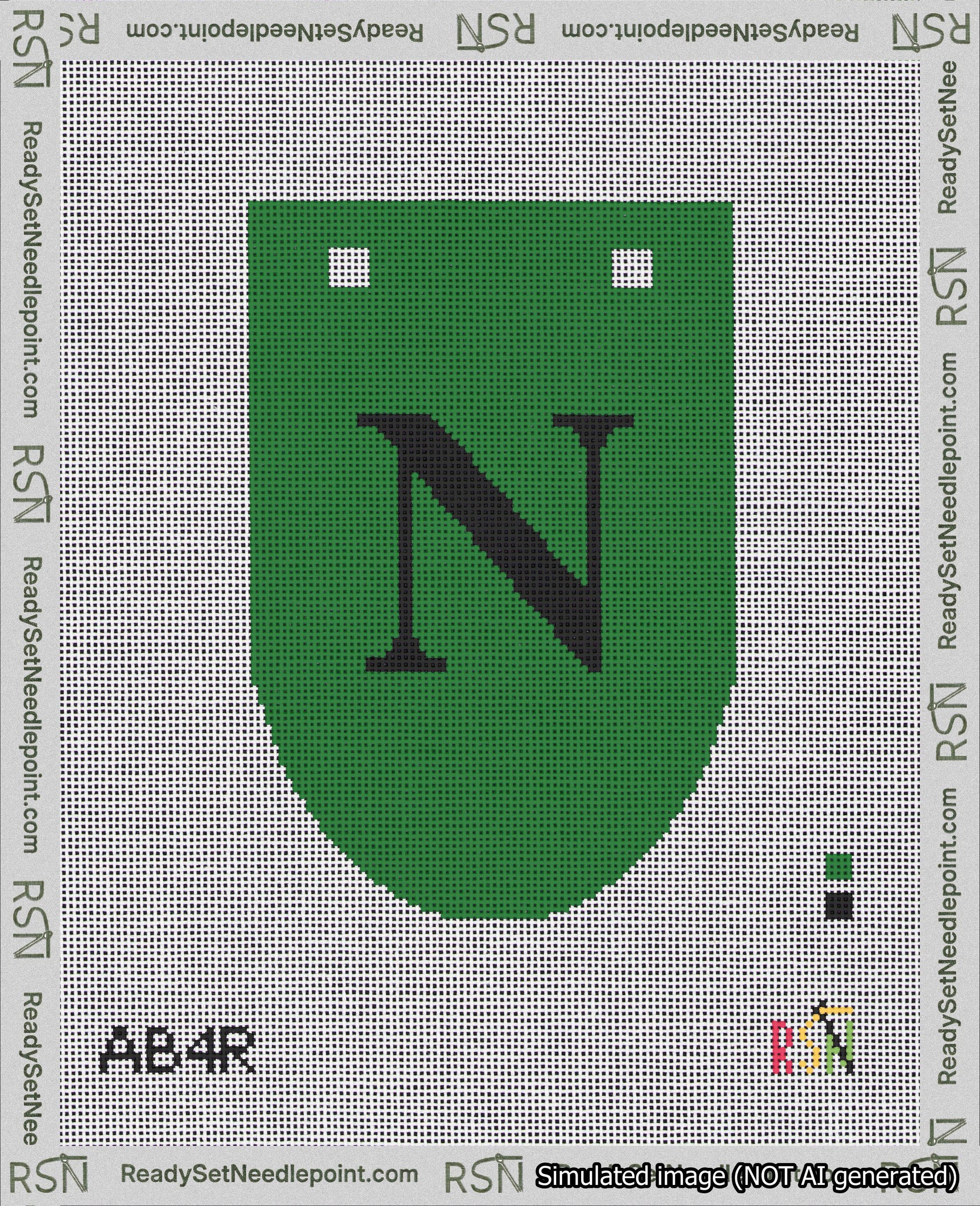 A taped needlepoint canvas with the design: Banner 18 mesh count Rounded N Black on Green.