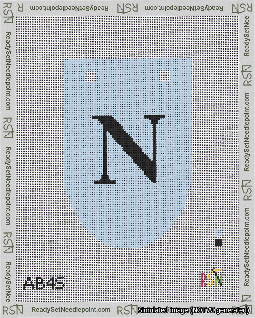 A taped needlepoint canvas with the design: Banner 18 mesh count Rounded N Black on Light Blue.