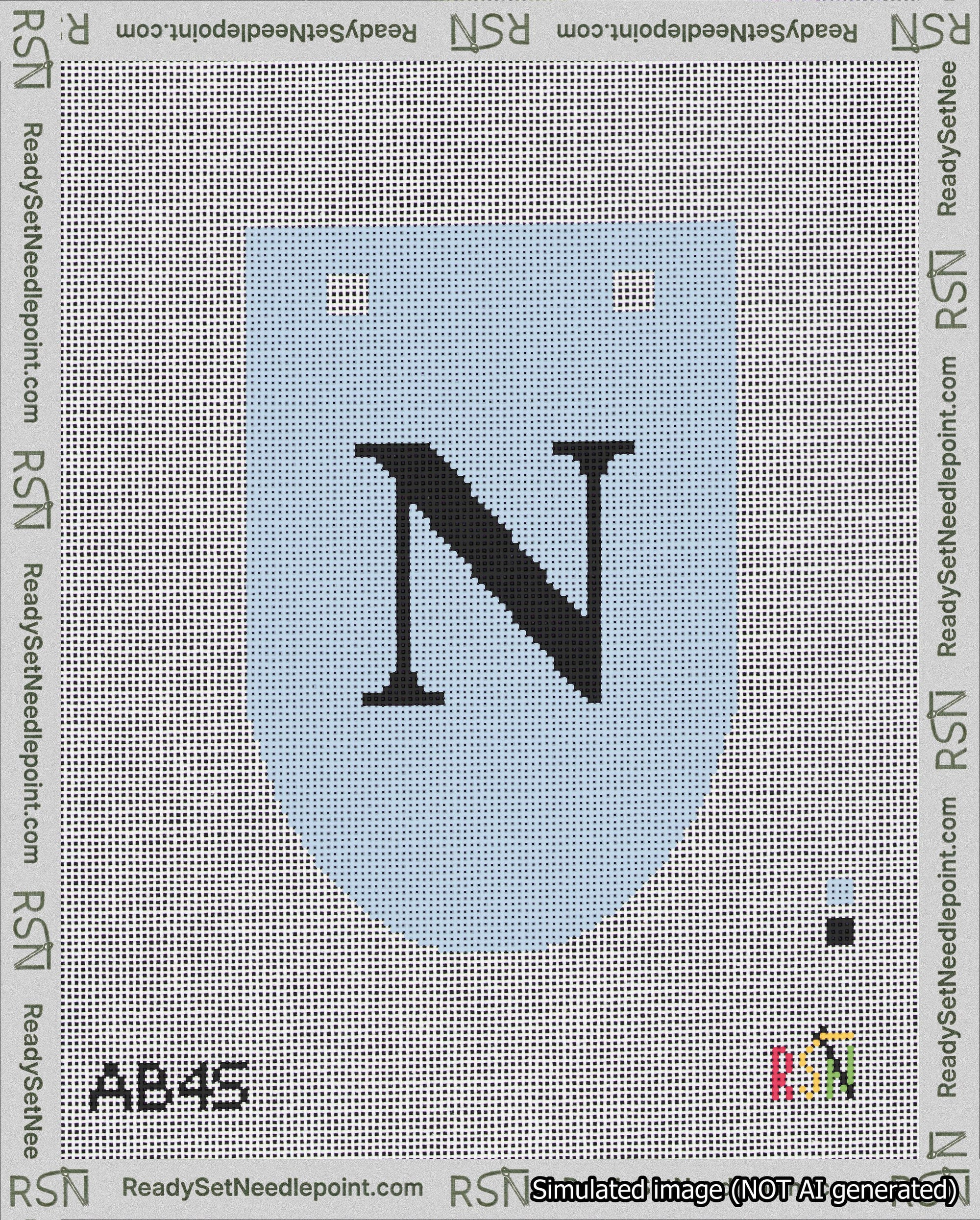 A taped needlepoint canvas with the design: Banner 18 mesh count Rounded N Black on Light Blue.