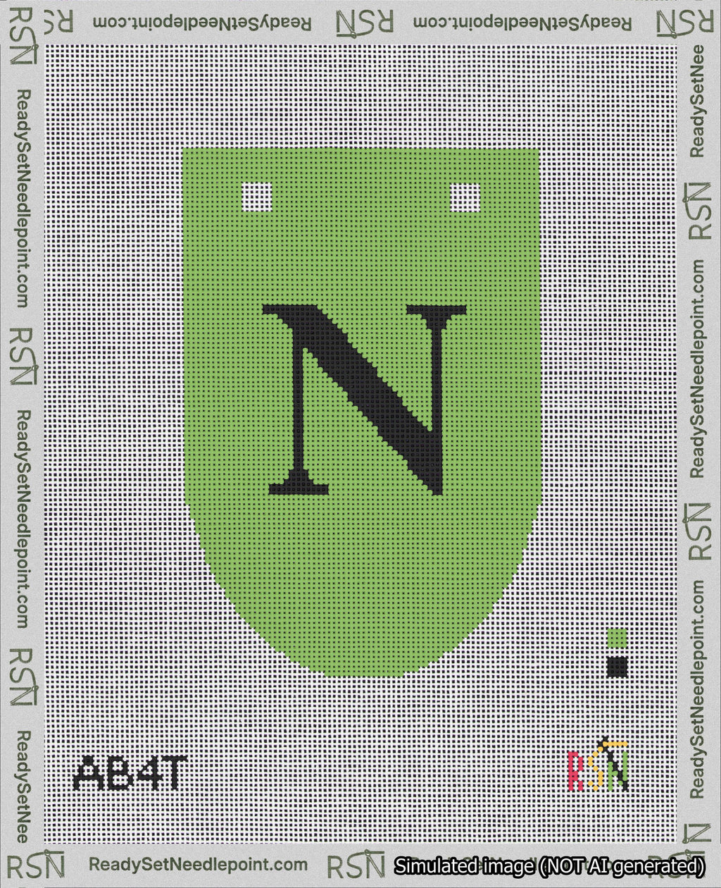 A taped needlepoint canvas with the design: Banner 18 mesh count Rounded N Black on Light Green.
