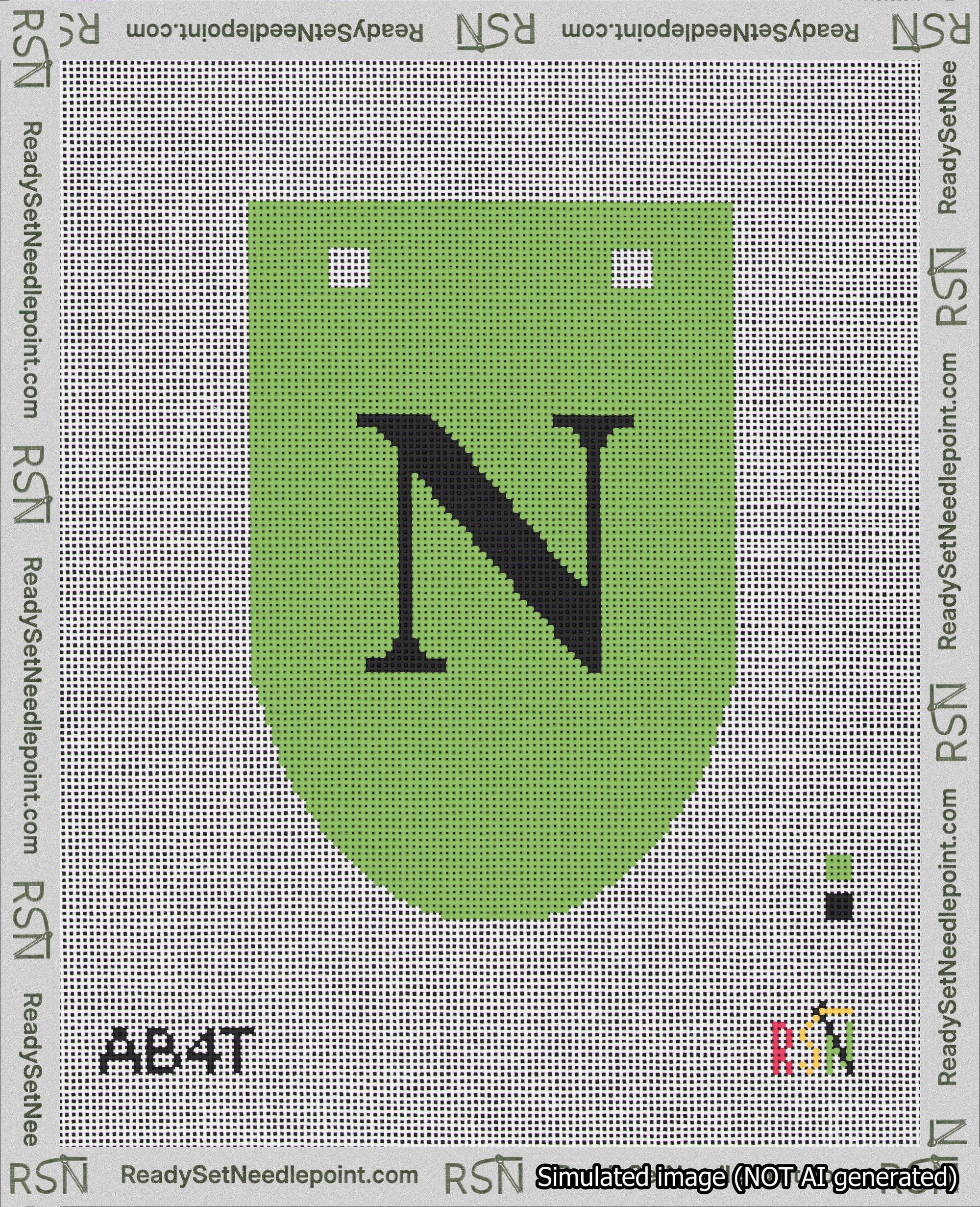 A taped needlepoint canvas with the design: Banner 18 mesh count Rounded N Black on Light Green.