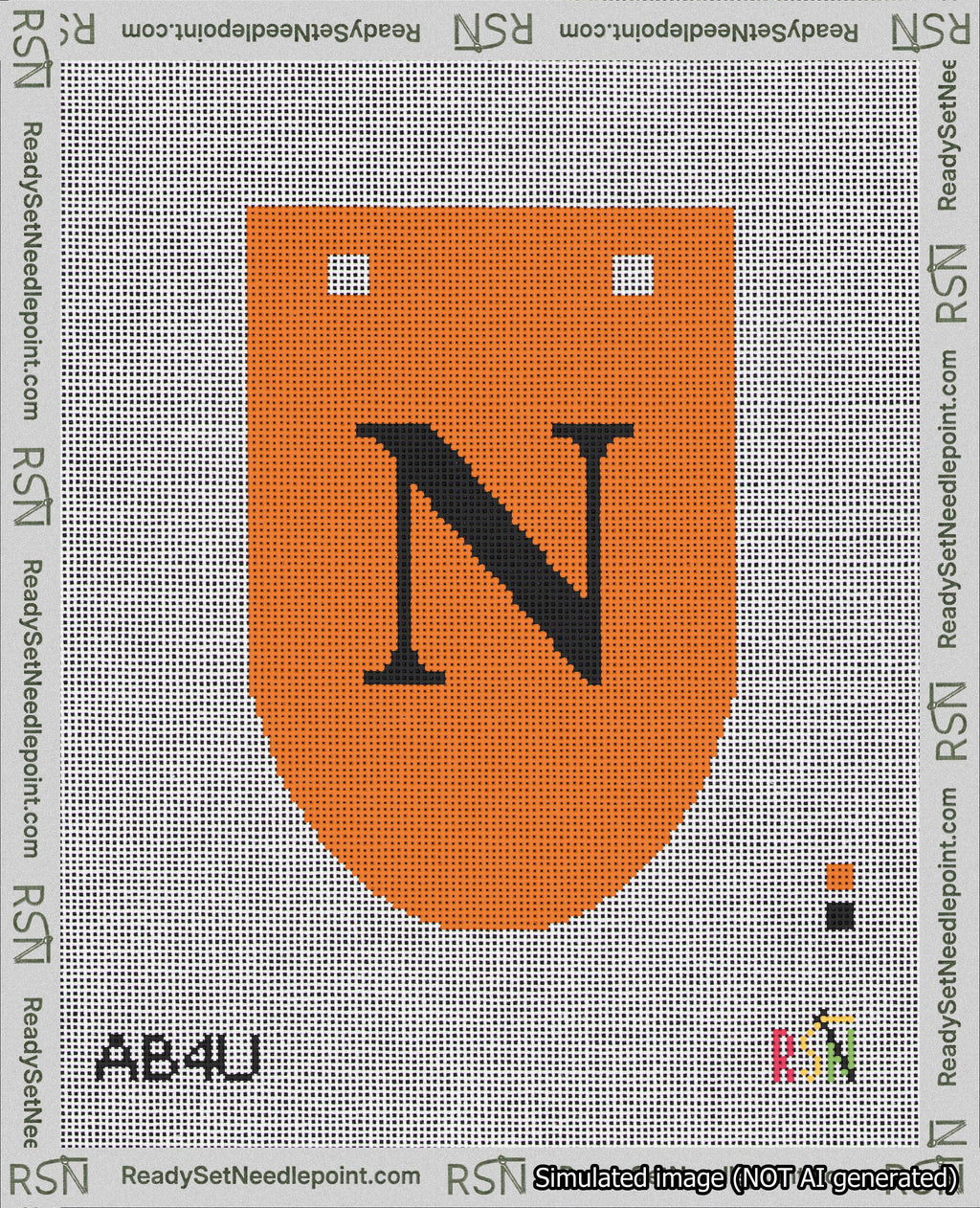A taped needlepoint canvas with the design: Banner 18 mesh count Rounded N Black on Orange.
