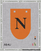 A taped needlepoint canvas with the design: Banner 18 mesh count Rounded N Black on Orange.