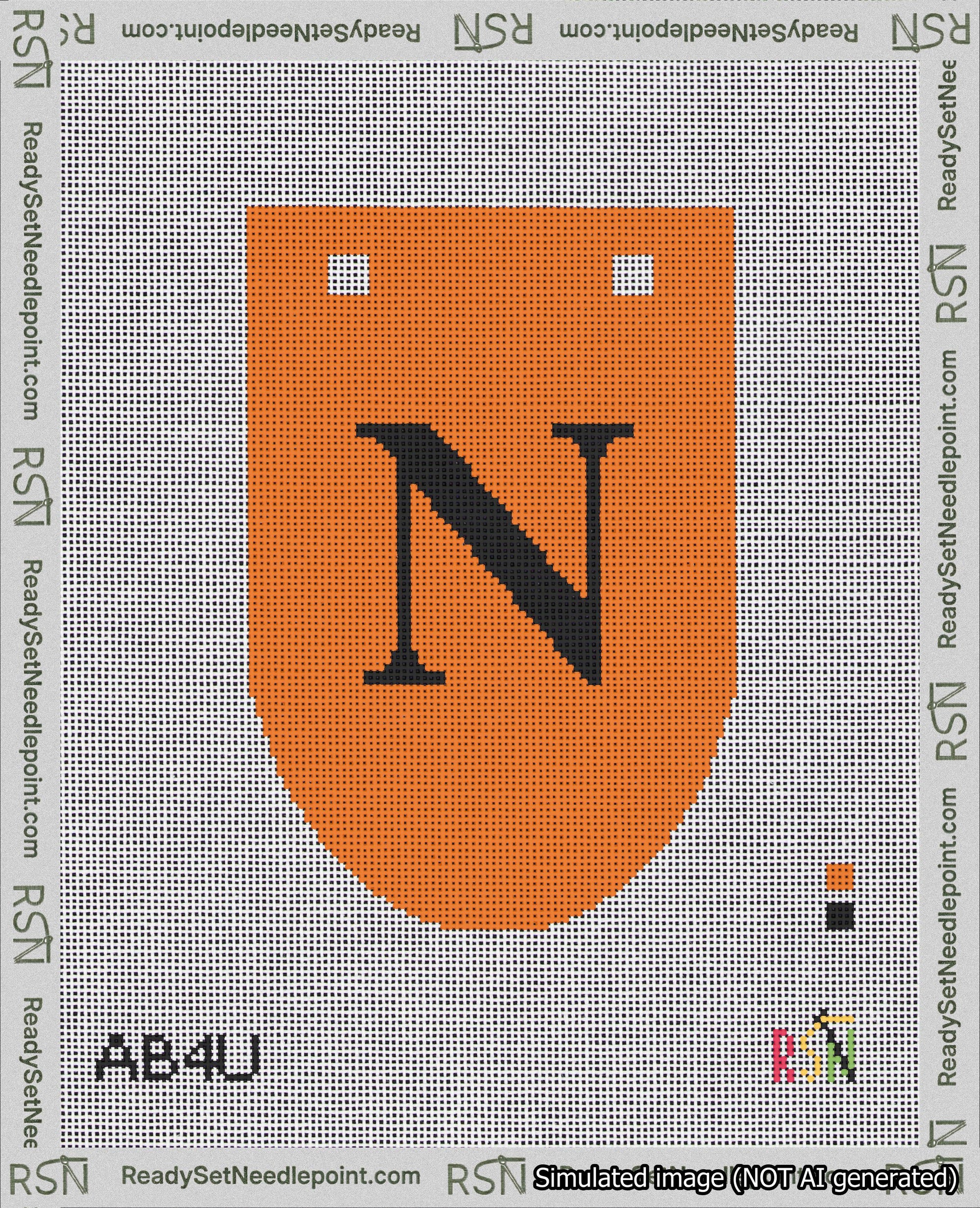 A taped needlepoint canvas with the design: Banner 18 mesh count Rounded N Black on Orange.