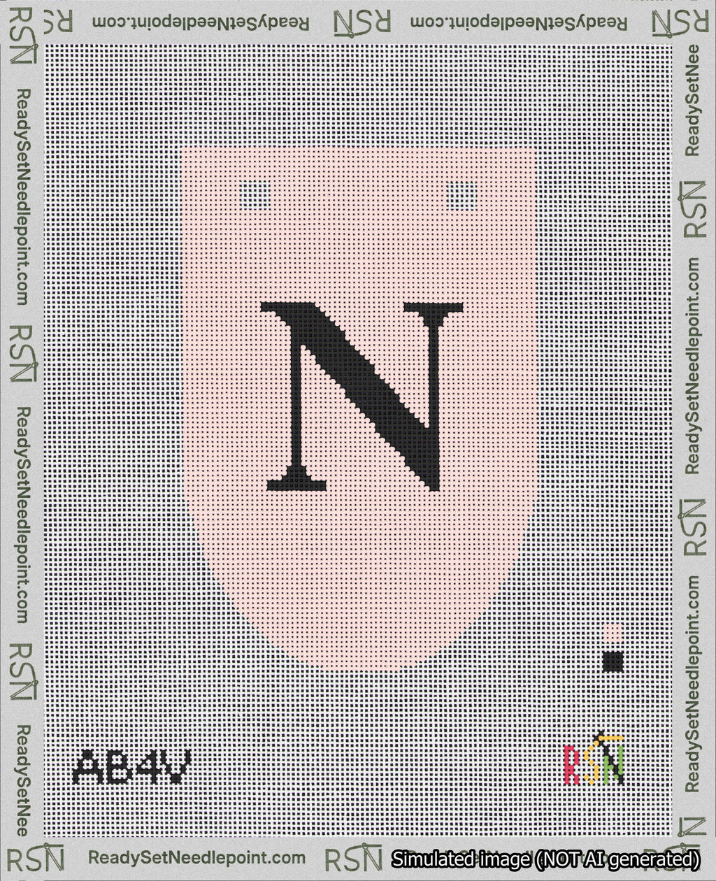 A taped needlepoint canvas with the design: Banner 18 mesh count Rounded N Black on Pink.