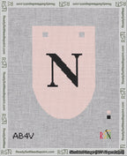A taped needlepoint canvas with the design: Banner 18 mesh count Rounded N Black on Pink.